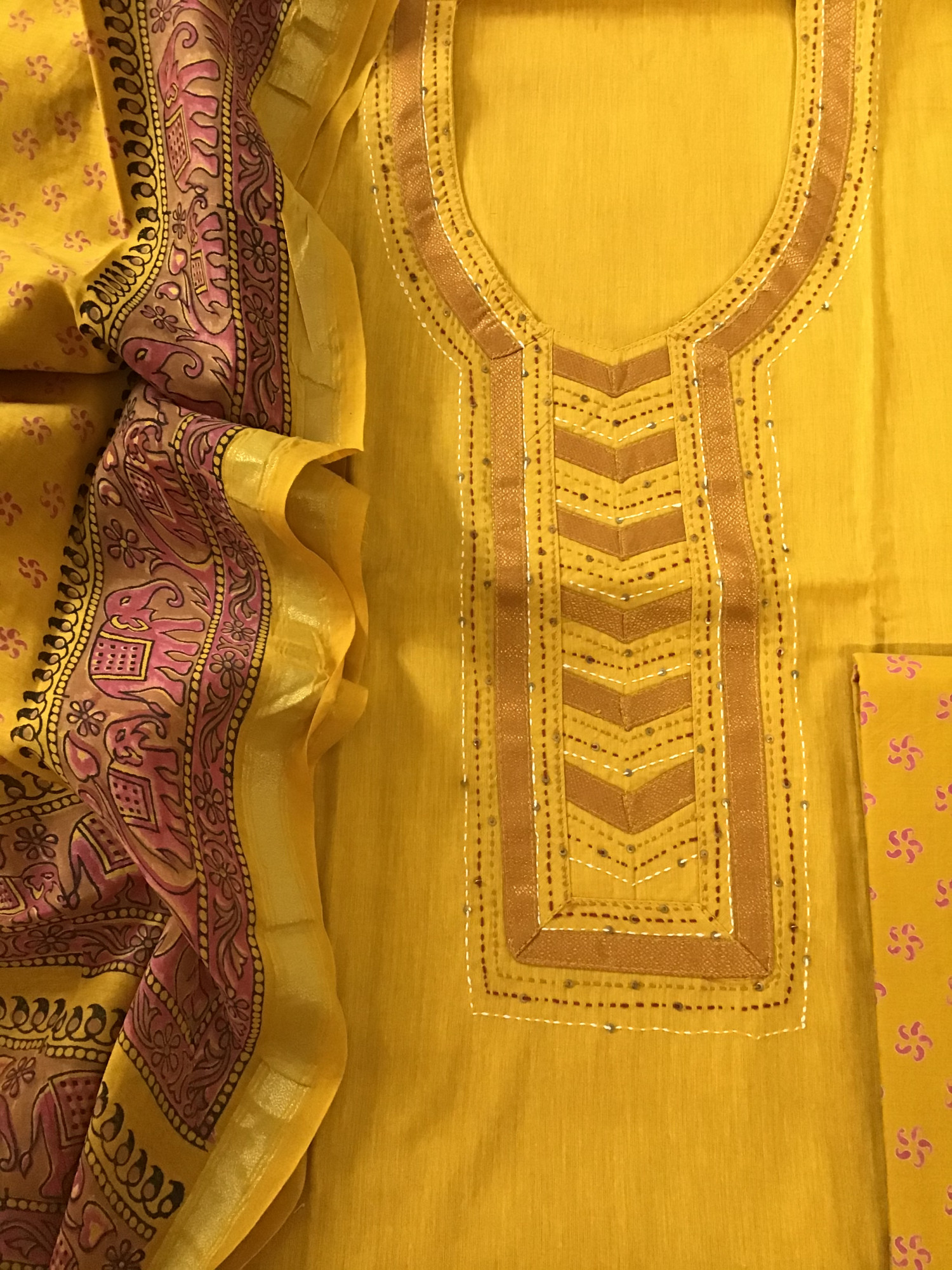 Pure Handloom Cotton Printed Embroidered Suit - Yellow