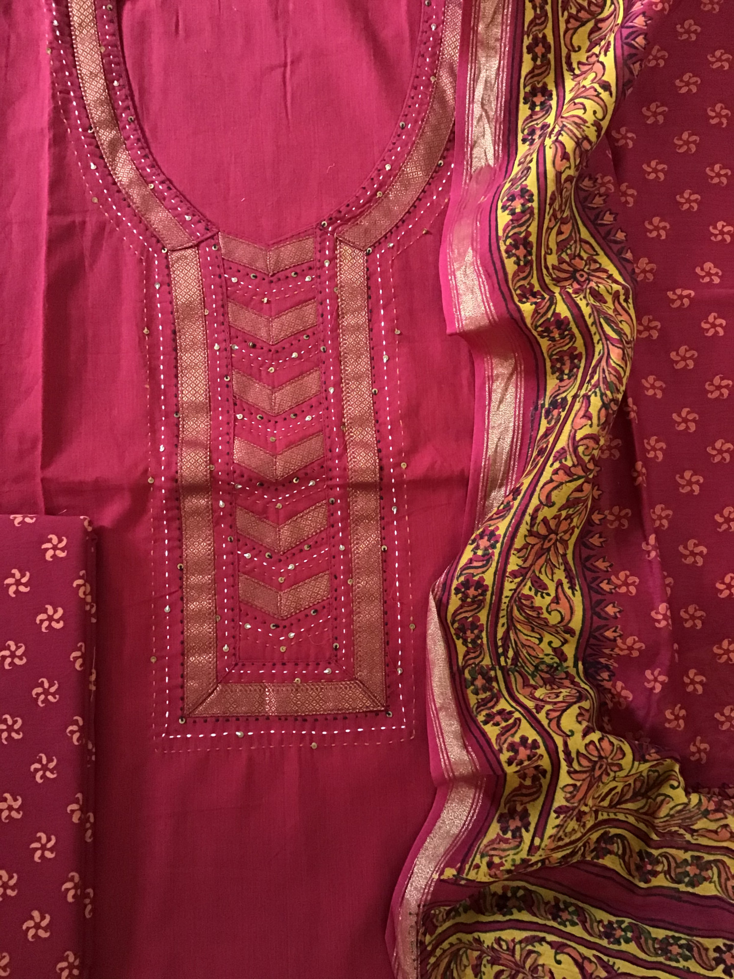 Pure Handloom Cotton Printed Embroidered Suit - Maroon