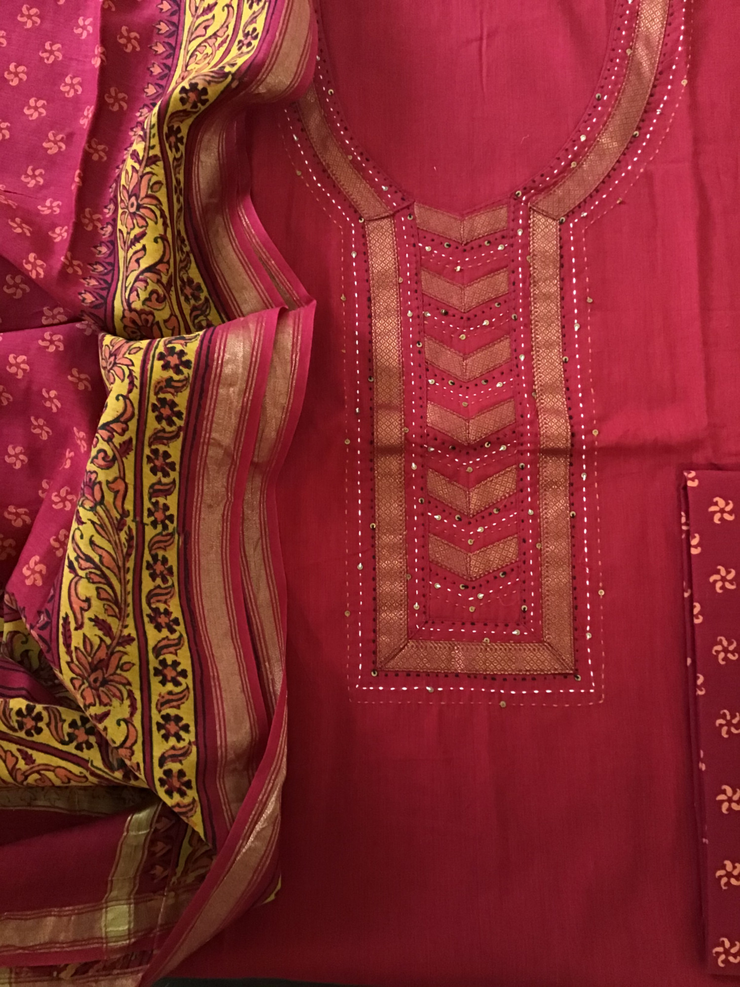 Pure Handloom Cotton Printed Embroidered Suit - Maroon