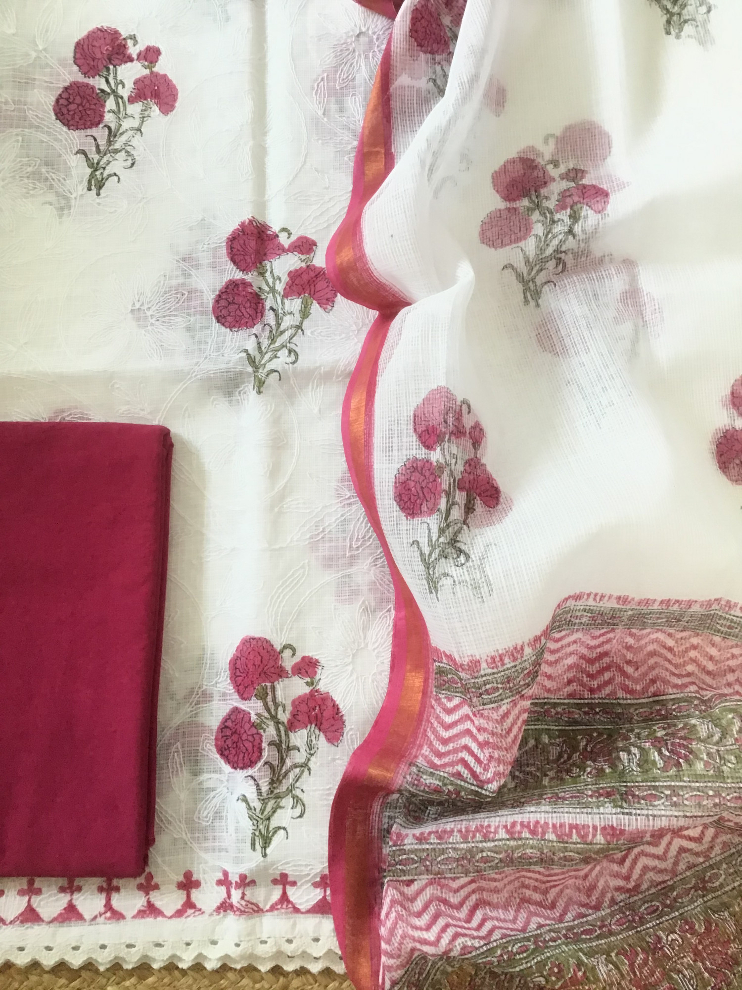 Pure Kota Cotton Printed Embroidered Suit - WhitePink