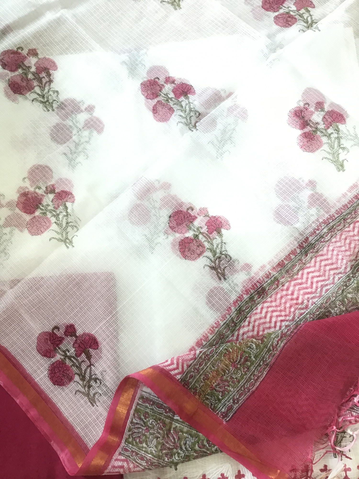 Pure Kota Cotton Printed Embroidered Suit - WhitePink