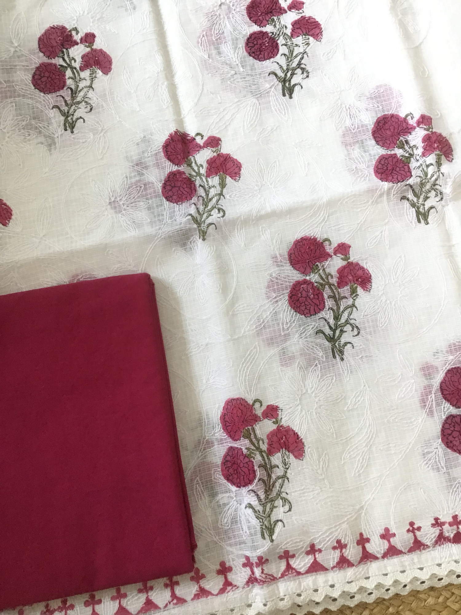 Pure Kota Cotton Printed Embroidered Suit - WhitePink