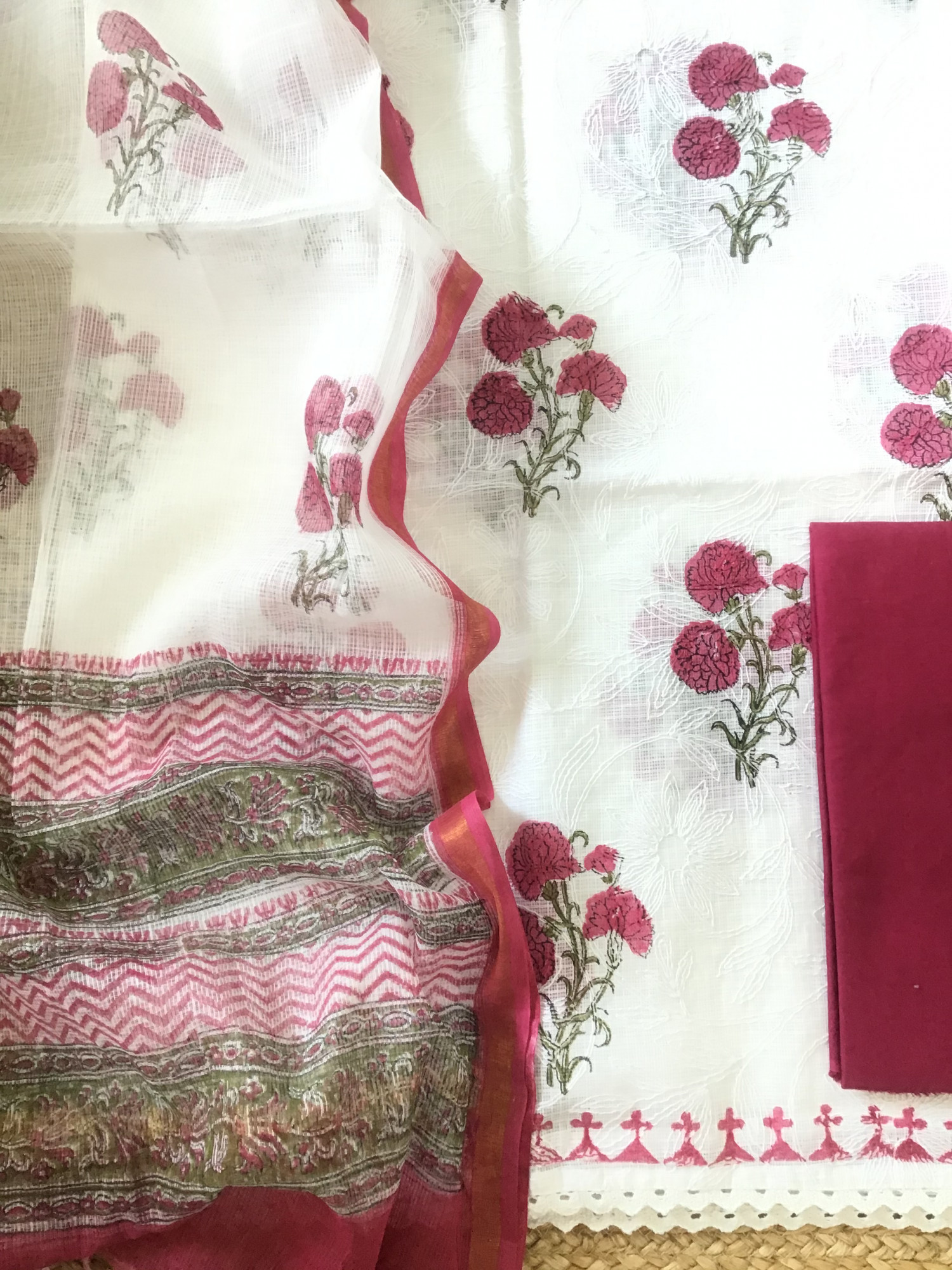 Pure Kota Cotton Printed Embroidered Suit - WhitePink
