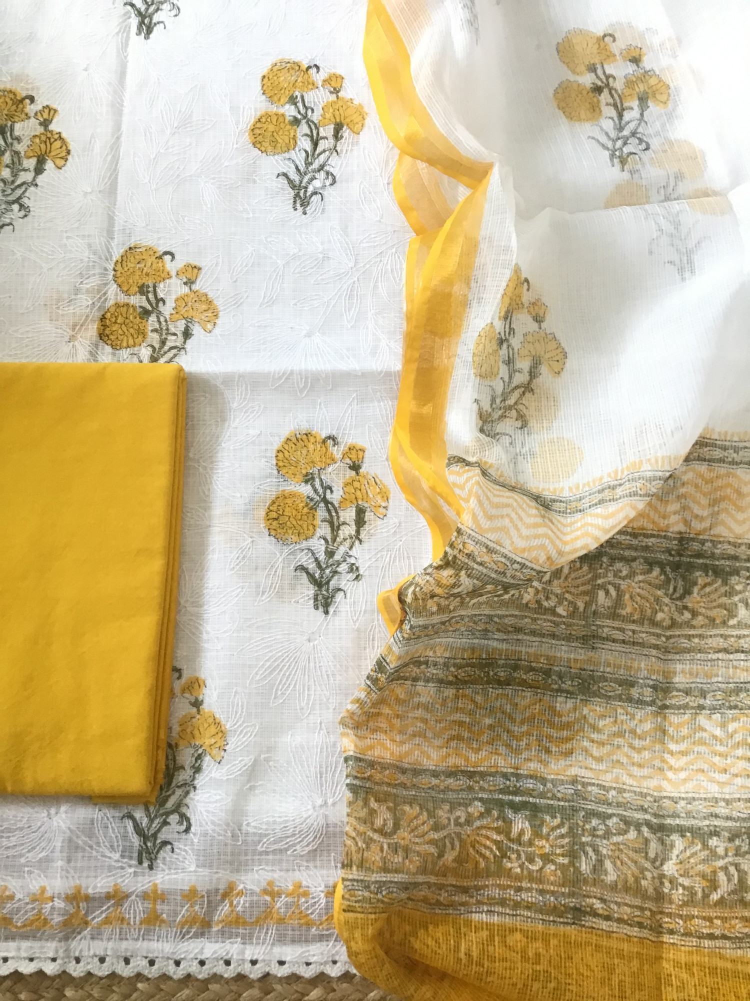 Pure Kota Cotton Printed Embroidered Suit - WhiteYellow