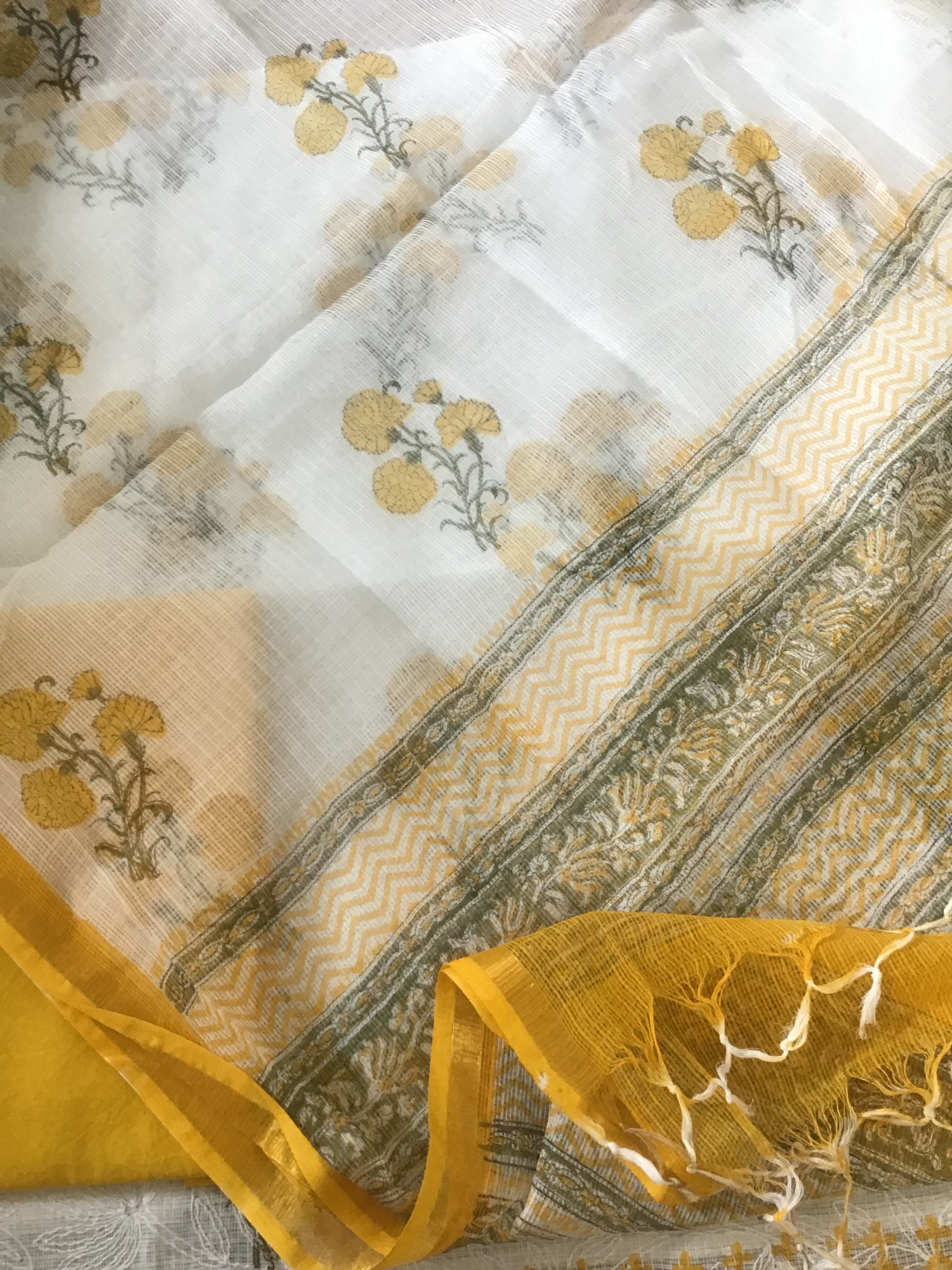 Pure Kota Cotton Printed Embroidered Suit - WhiteYellow