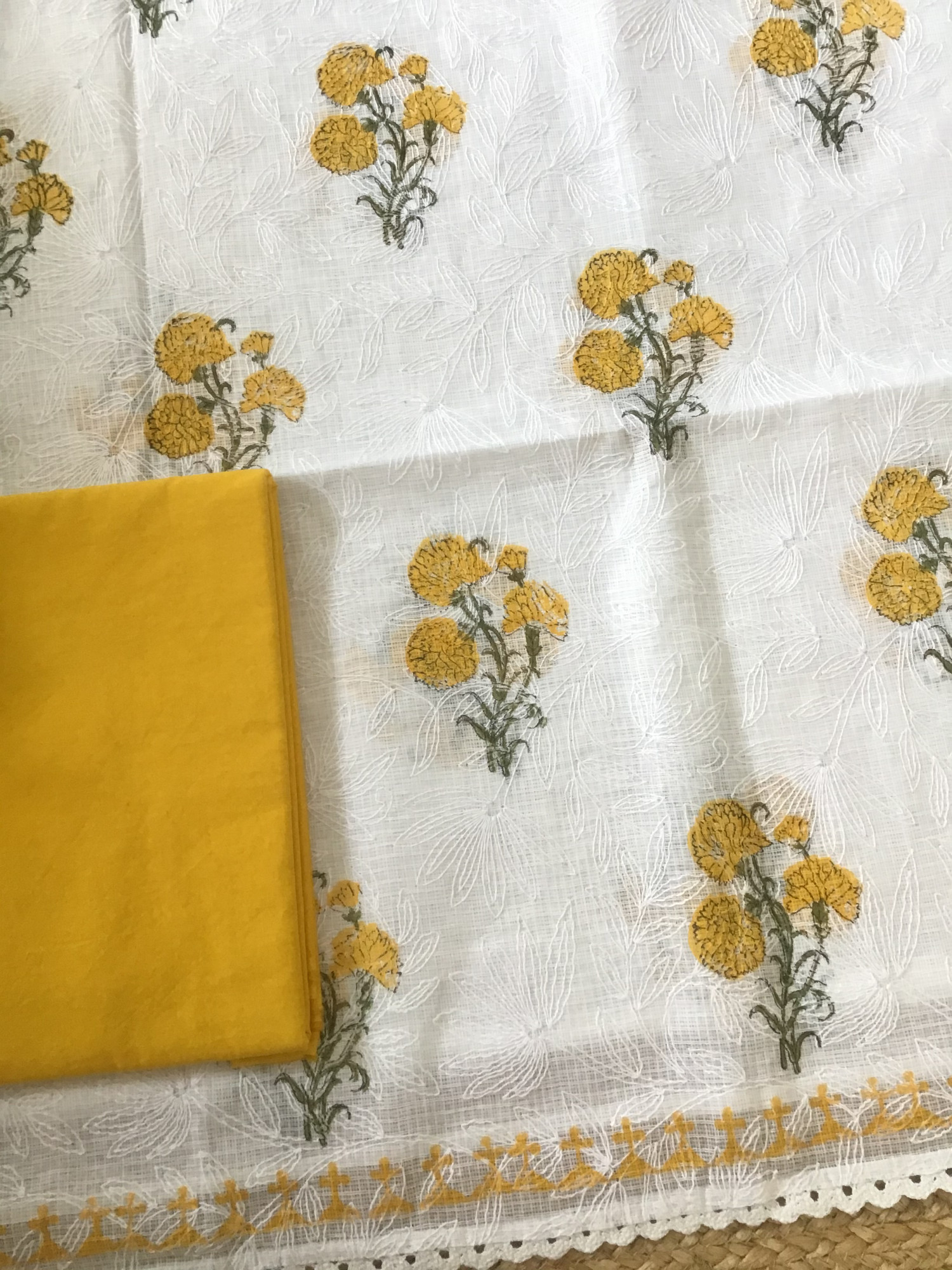 Pure Kota Cotton Printed Embroidered Suit - WhiteYellow