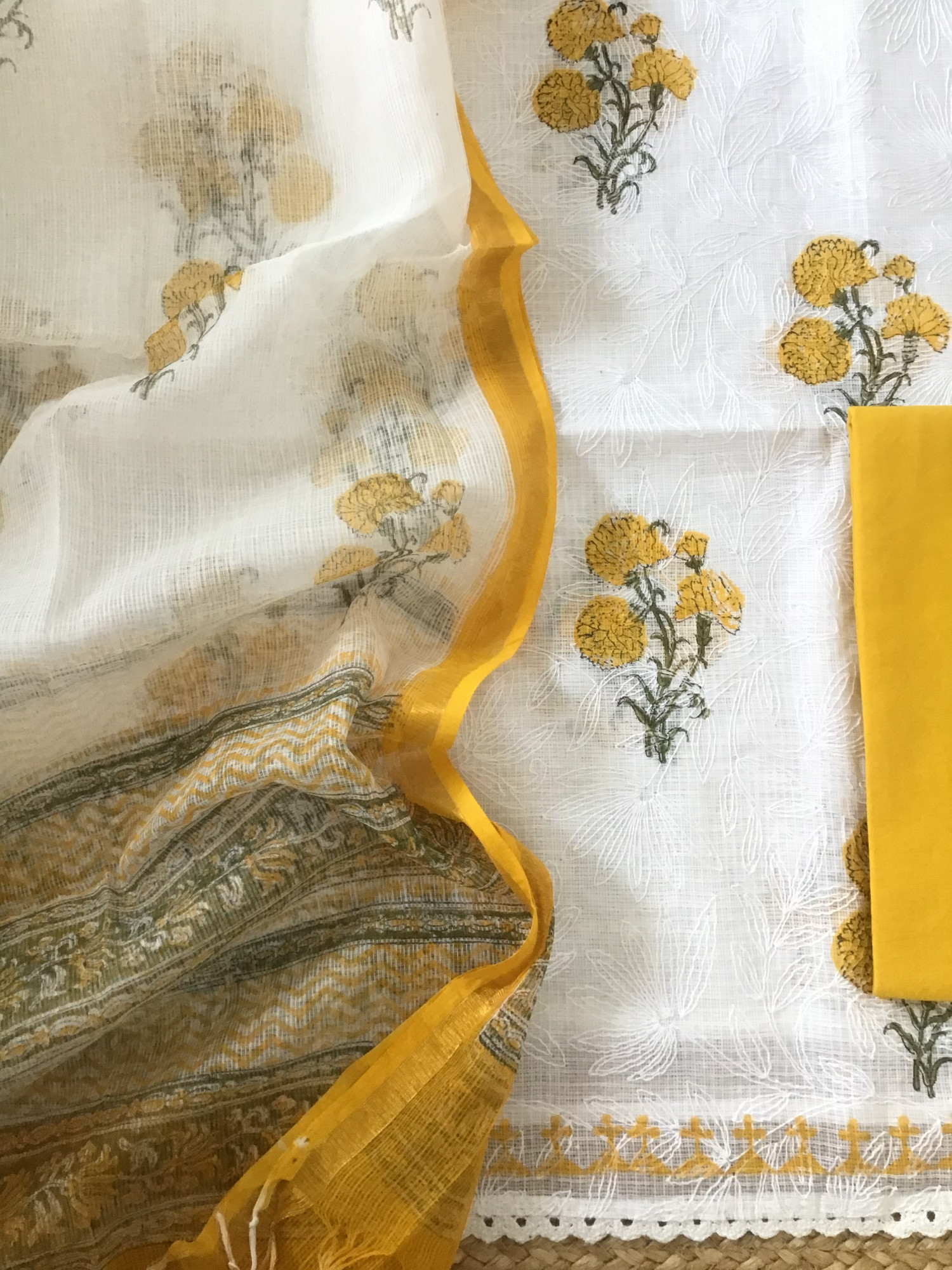 Pure Kota Cotton Printed Embroidered Suit - WhiteYellow