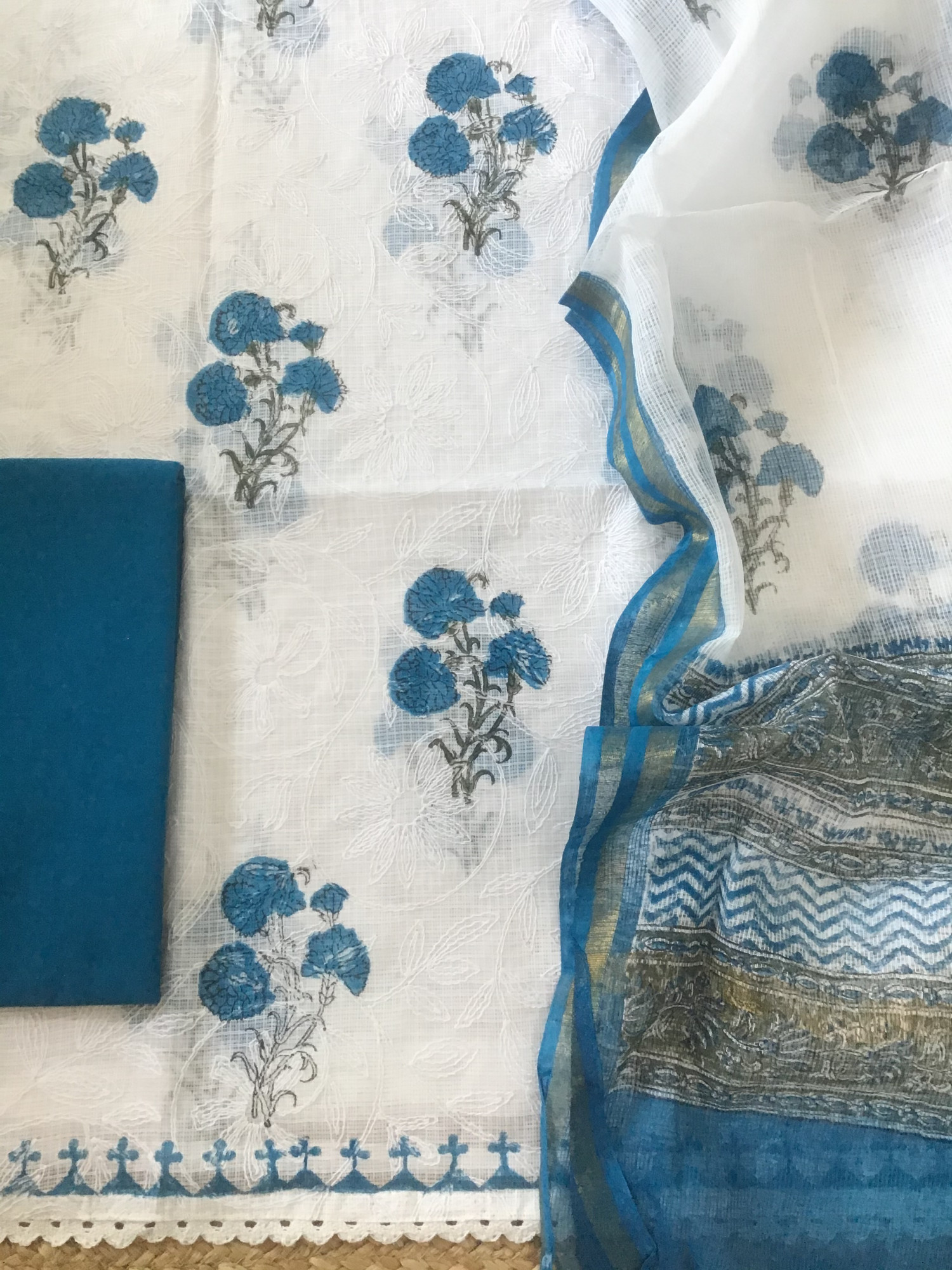 Pure Kota Cotton Printed Embroidered Suit - WhiteBlue