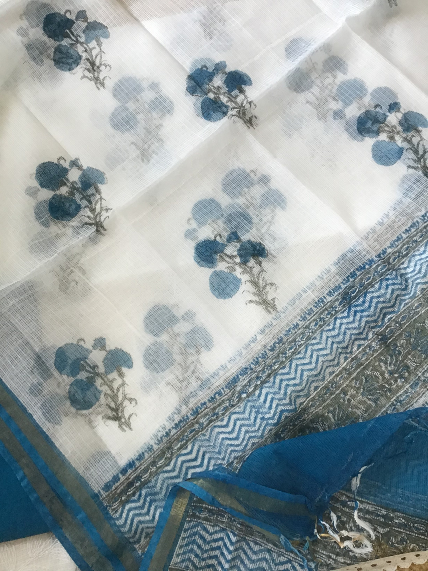 Pure Kota Cotton Printed Embroidered Suit - WhiteBlue