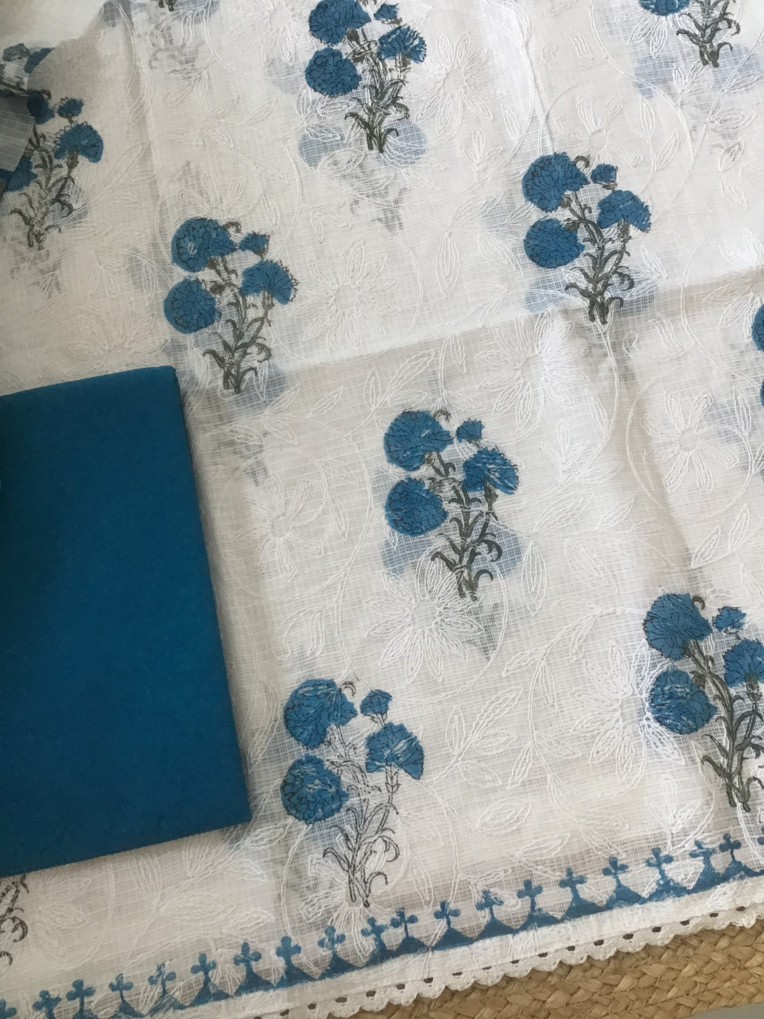 Pure Kota Cotton Printed Embroidered Suit - WhiteBlue