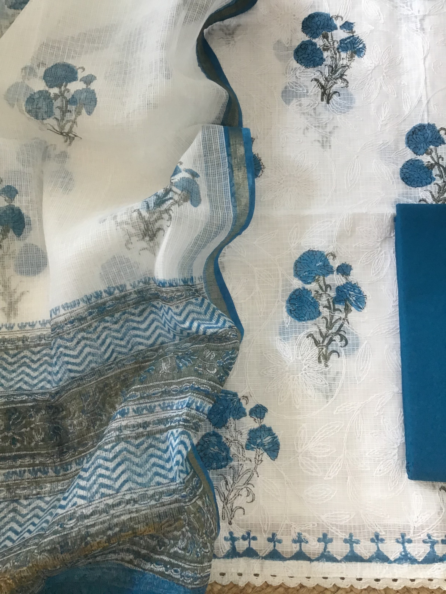 Pure Kota Cotton Printed Embroidered Suit - WhiteBlue