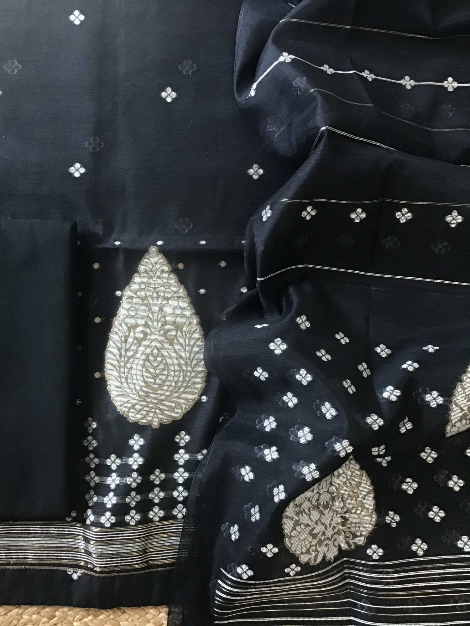 Soft Slub Chanderi Jamdani Weaved Suit - Black