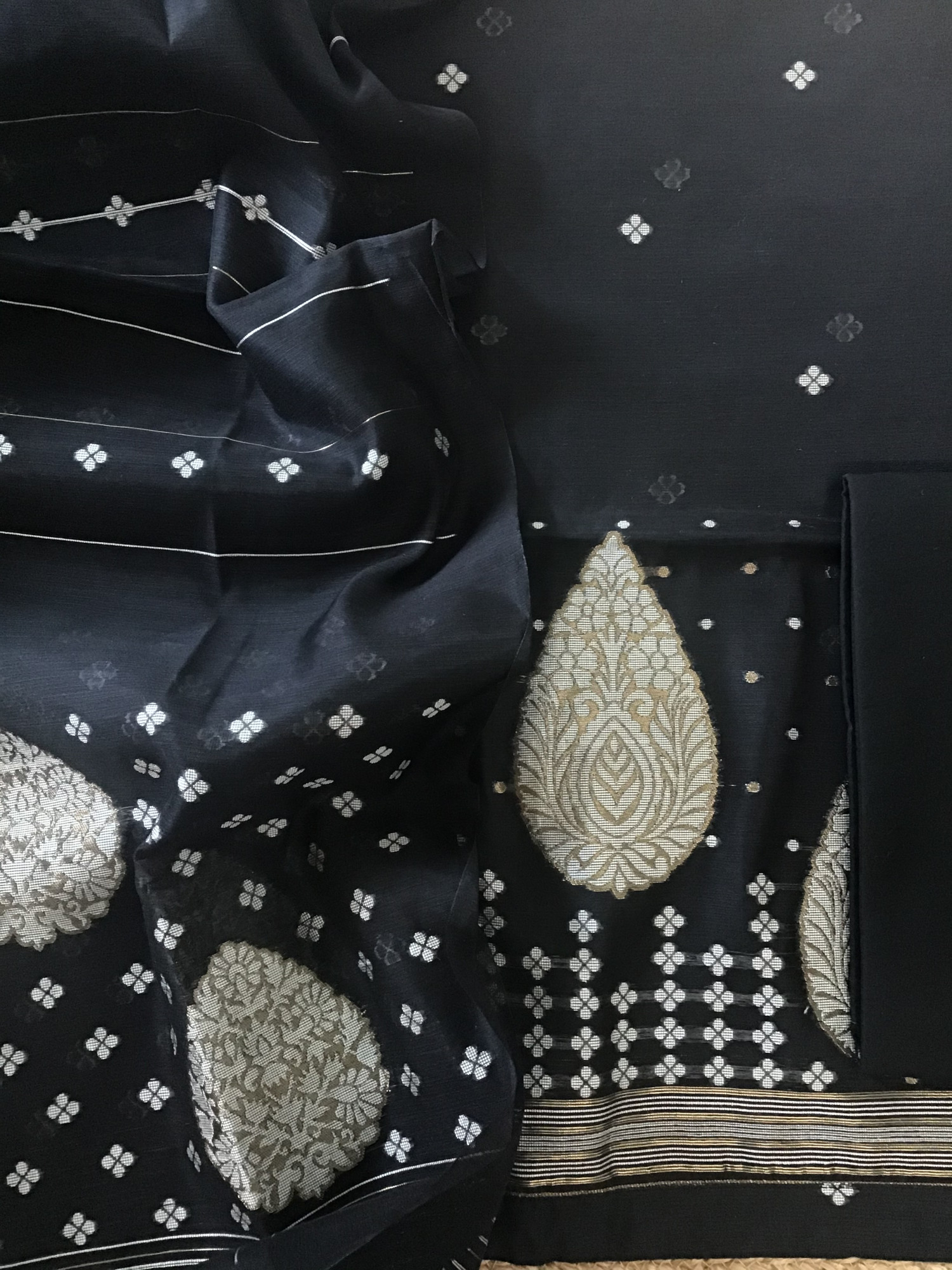 Soft Slub Chanderi Jamdani Weaved Suit - Black