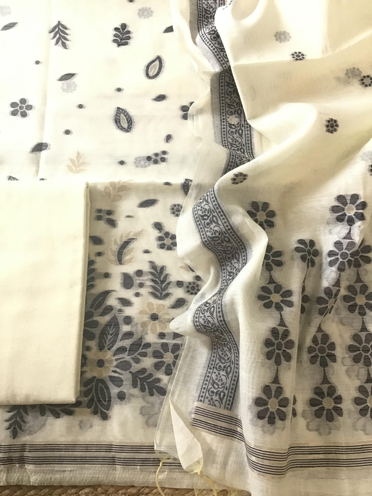 Soft Slub Chanderi Jamdani Weaved Suit - Cream