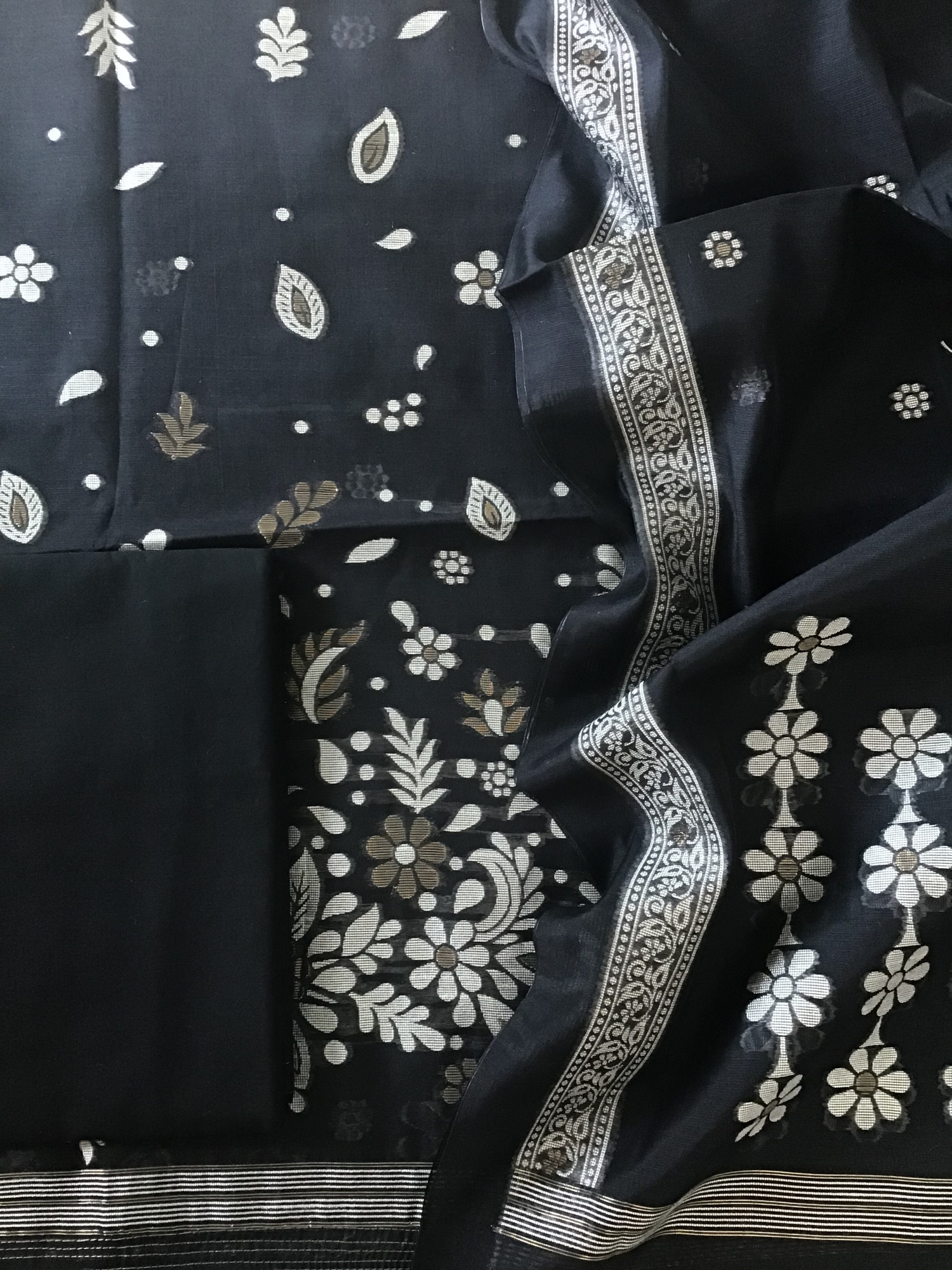 Soft Slub Chanderi Jamdani Weaved Suit - Black