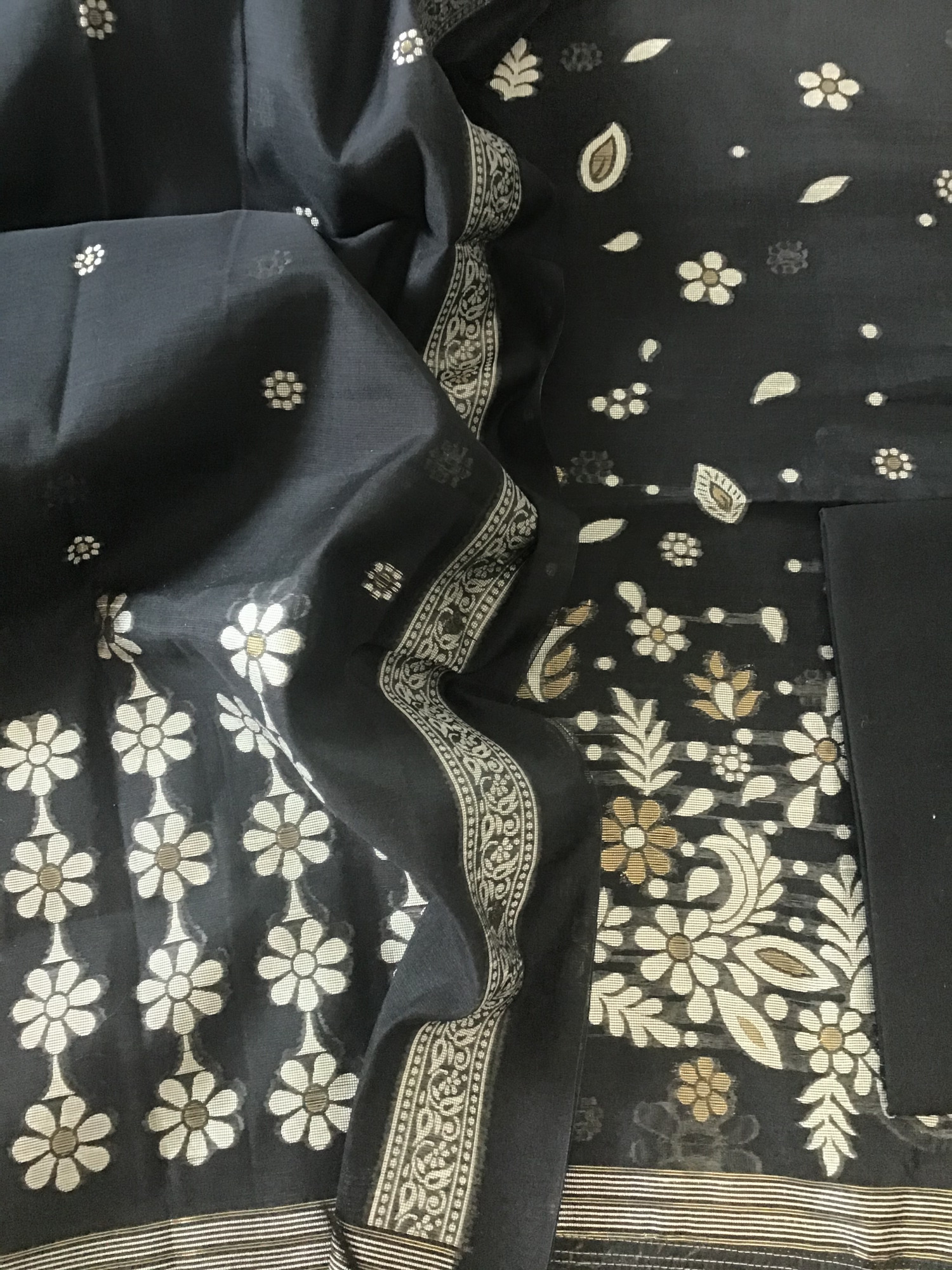 Soft Slub Chanderi Jamdani Weaved Suit - Black