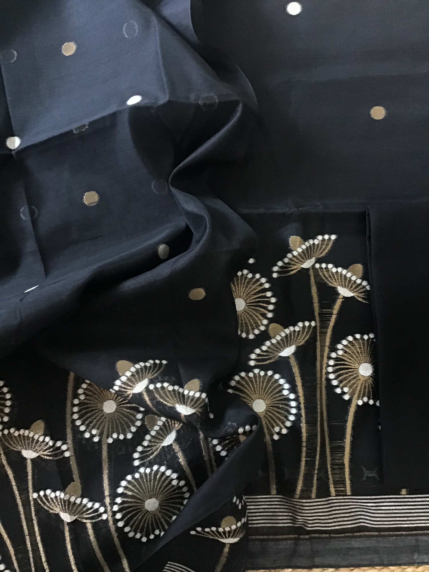 Soft Slub Chanderi Jamdani Weaved Suit - Black