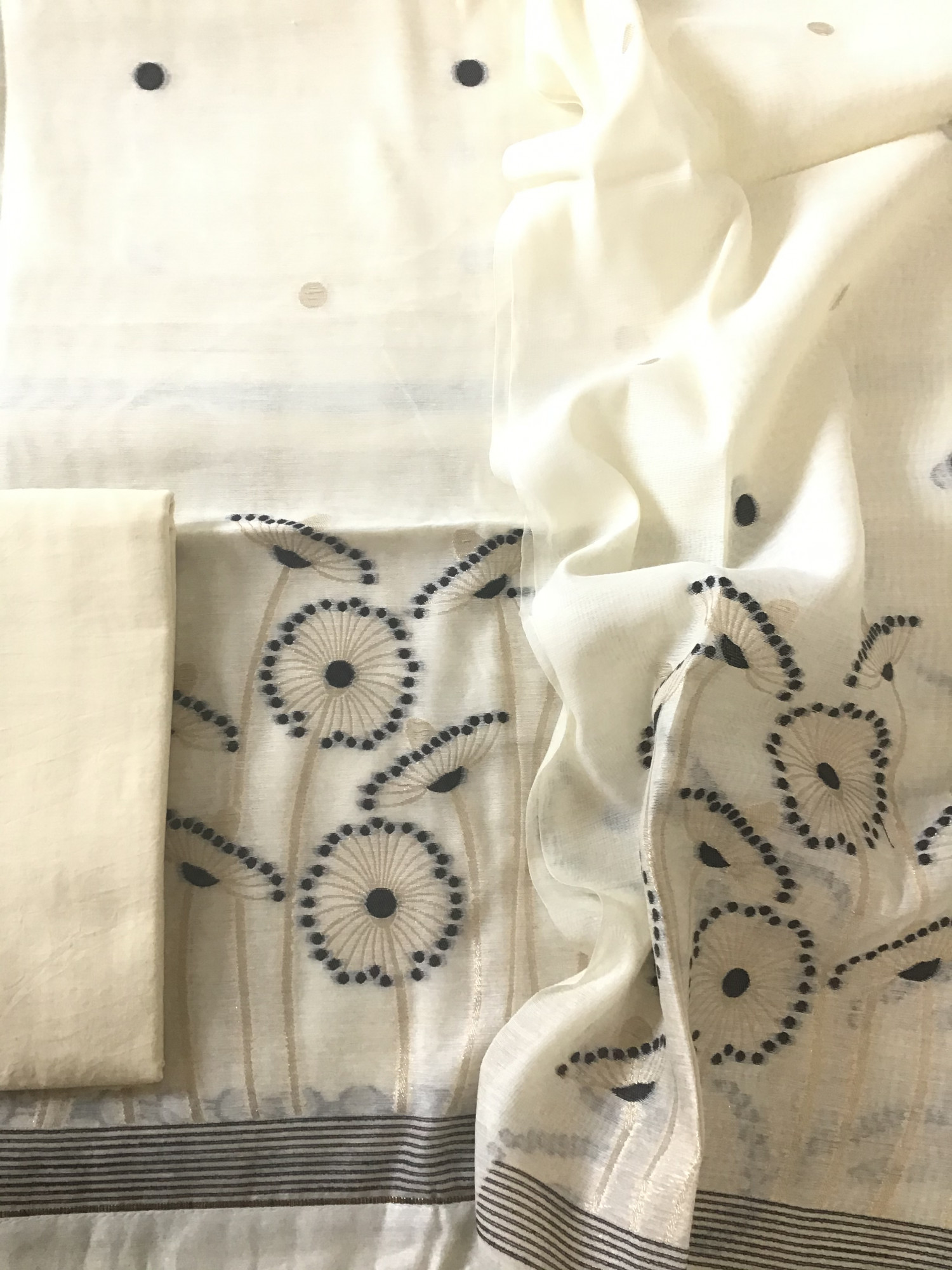 Soft Slub Chanderi Jamdani Weaved Suit - Cream