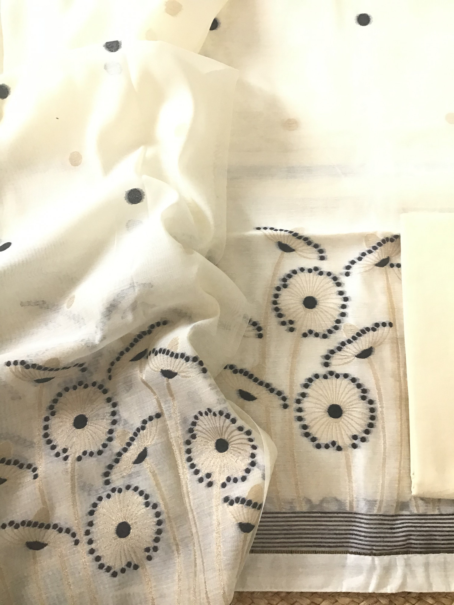 Soft Slub Chanderi Jamdani Weaved Suit - Cream