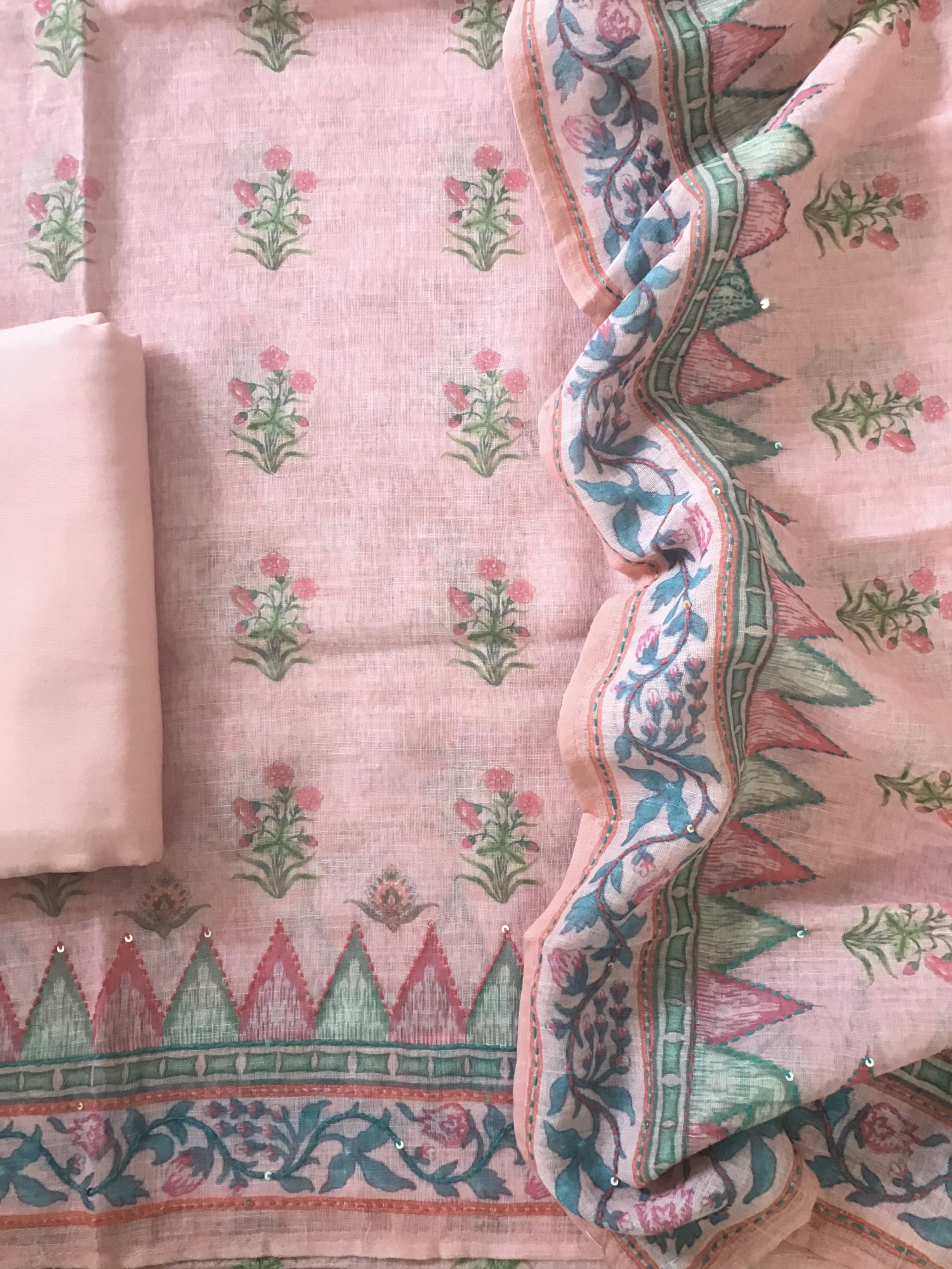 Soft Semi Linen Jute Cotton Printed Embroidered Suit - Pink