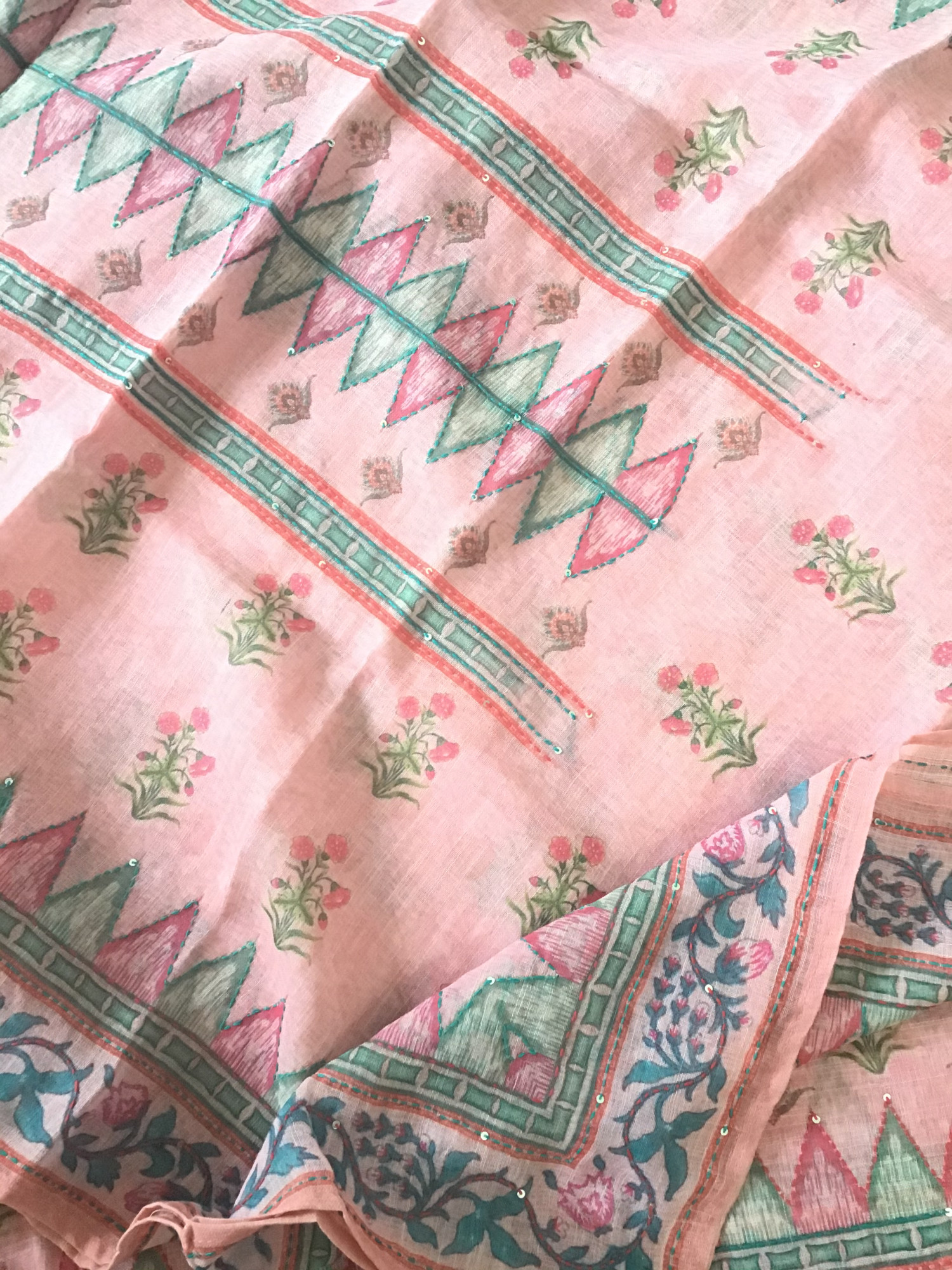 Soft Semi Linen Jute Cotton Printed Embroidered Suit - Pink