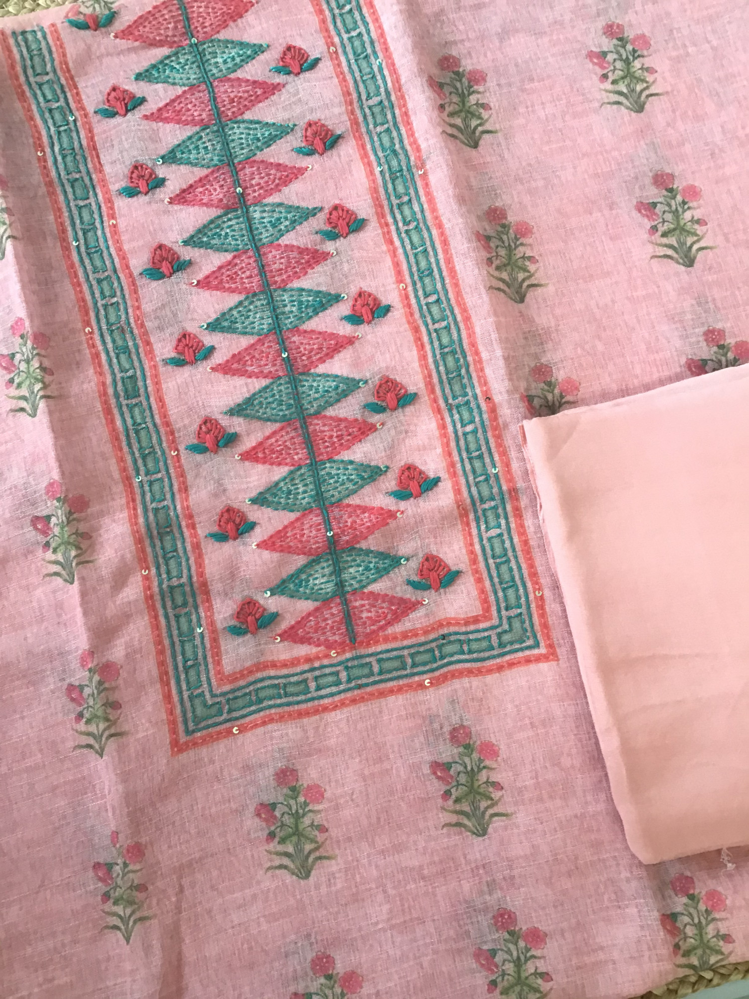 Soft Semi Linen Jute Cotton Printed Embroidered Suit - Pink