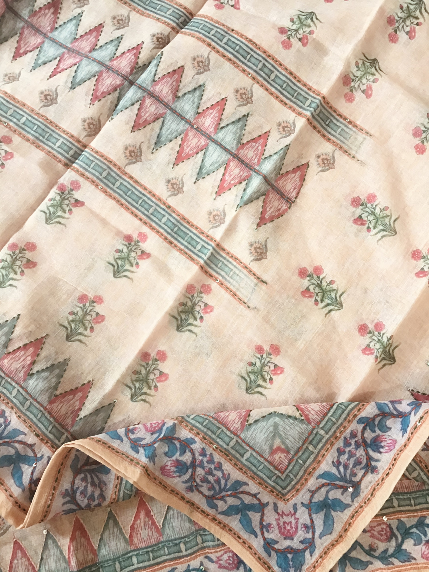 Soft Semi Linen Jute Cotton Printed Embroidered Suit - Yellowish Peach