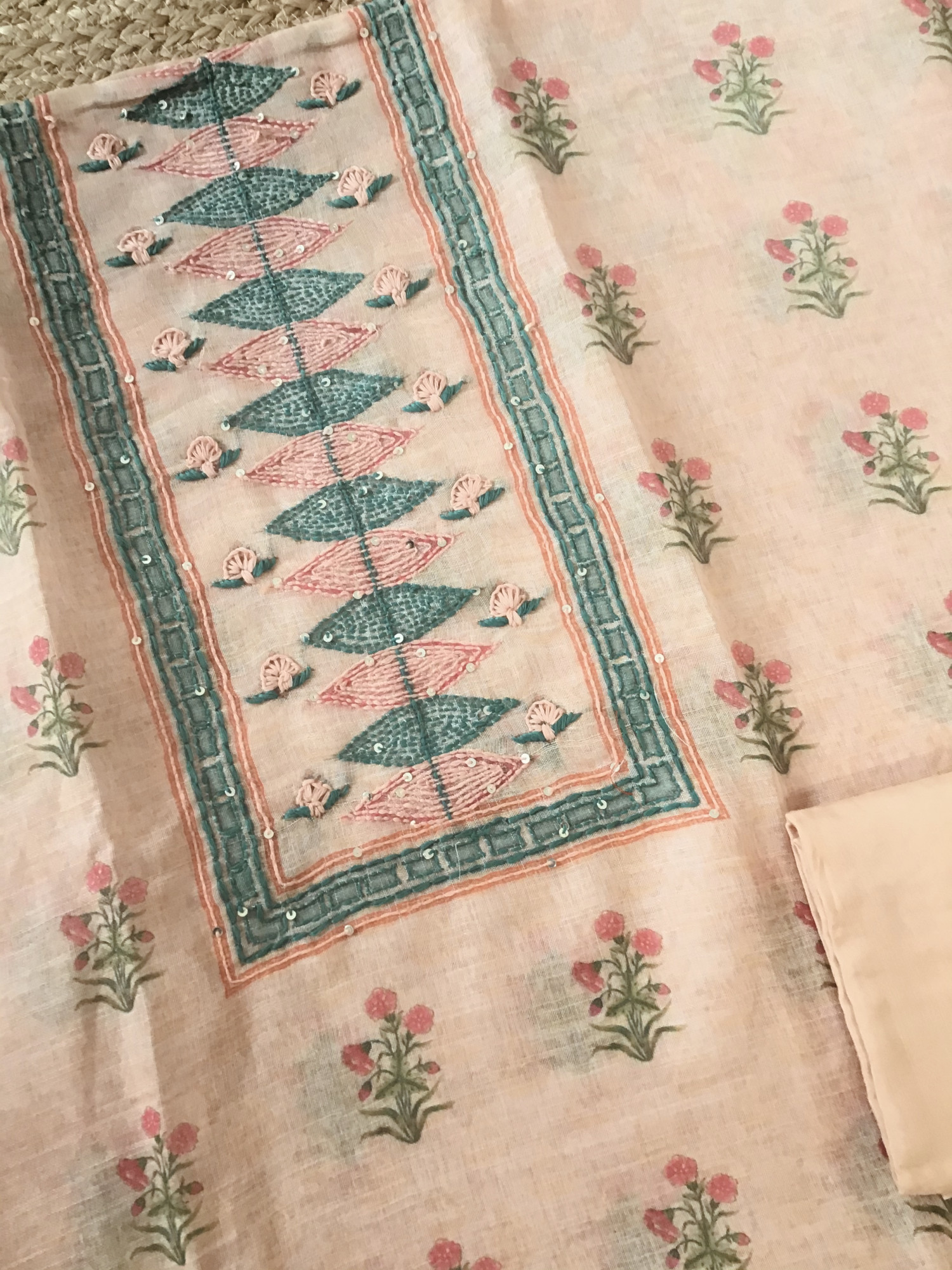 Soft Semi Linen Jute Cotton Printed Embroidered Suit - Yellowish Peach