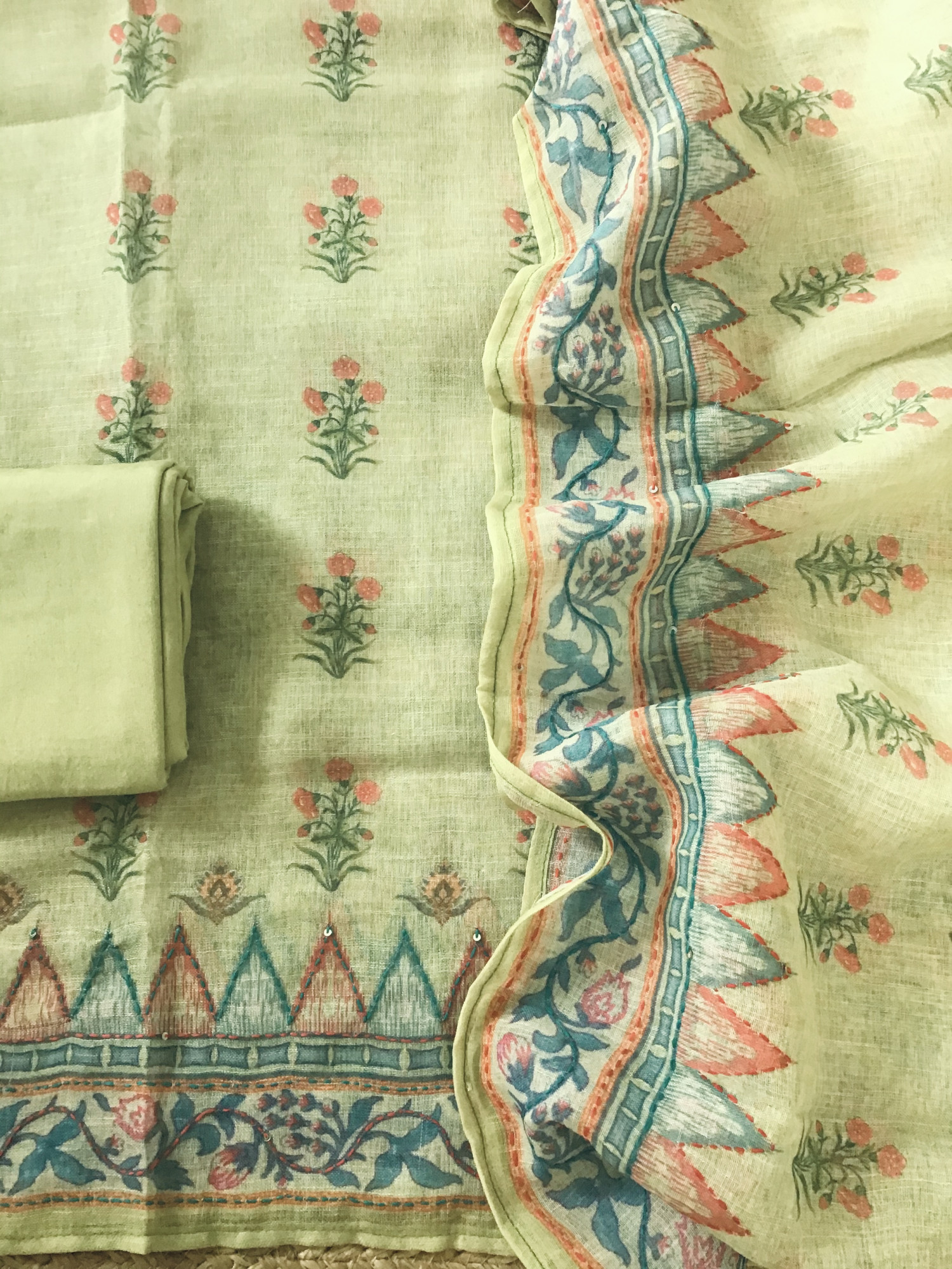 Soft Semi Linen Jute Cotton Printed Embroidered Suit - Green