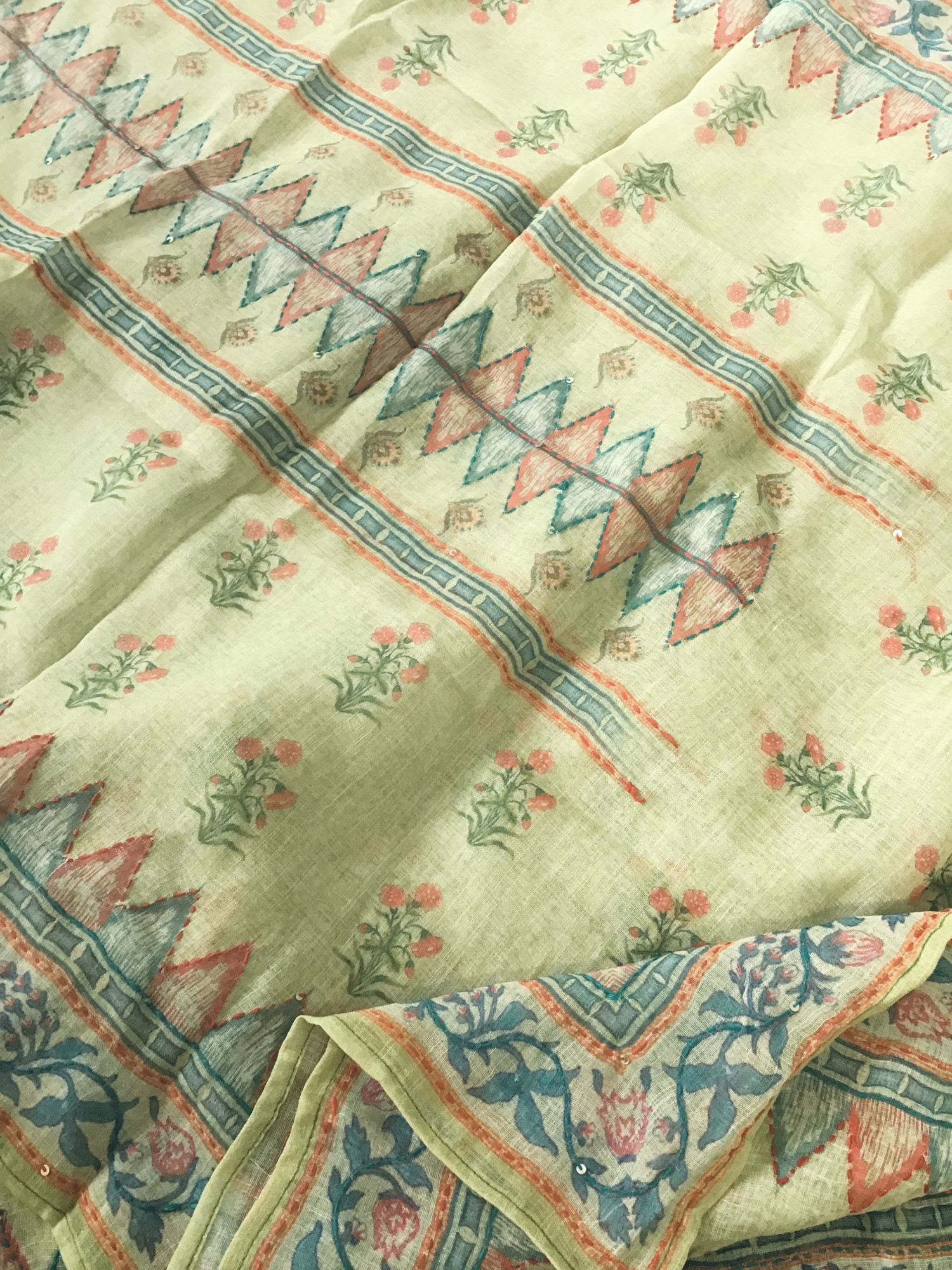 Soft Semi Linen Jute Cotton Printed Embroidered Suit - Green