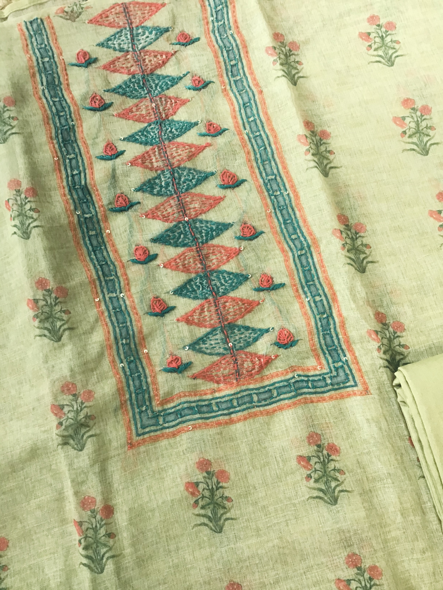 Soft Semi Linen Jute Cotton Printed Embroidered Suit - Green