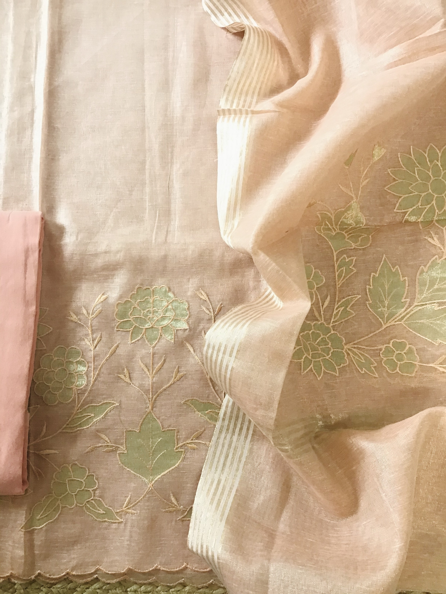 Soft Tissue Chanderi Embroidered Suit - Peach