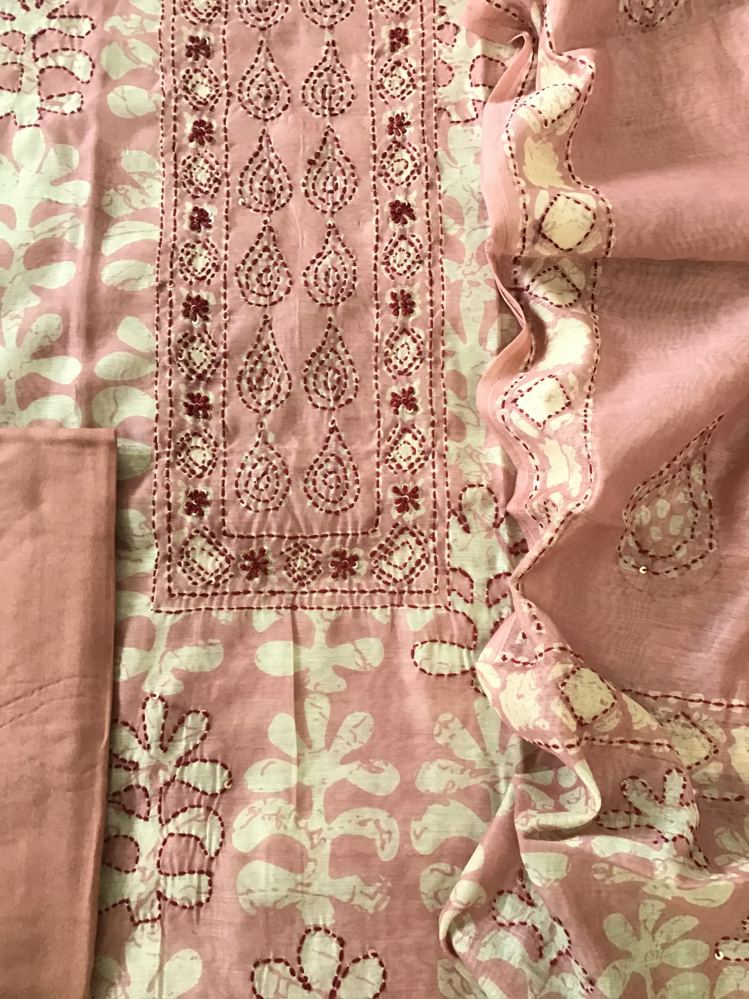 Soft Kora Chanderi Printed Embroidered Suit - Peach