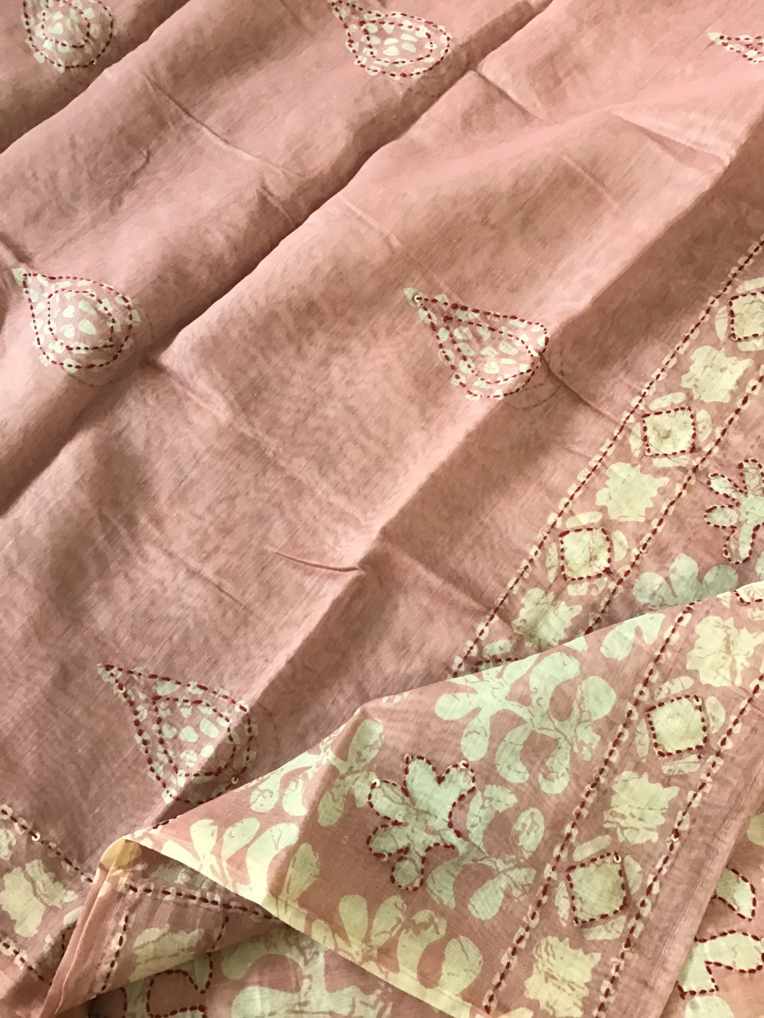 Soft Kora Chanderi Printed Embroidered Suit - Peach