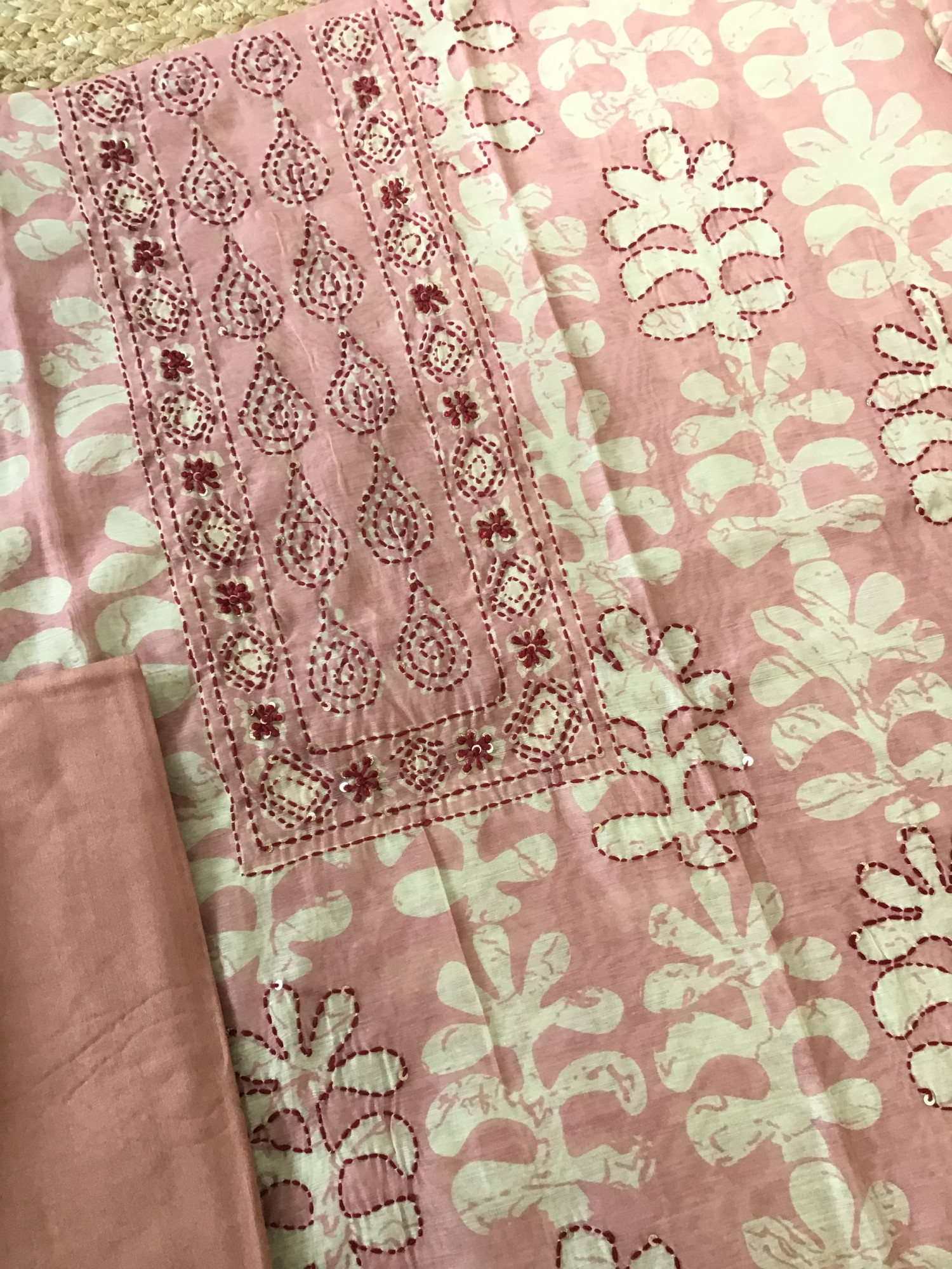 Soft Kora Chanderi Printed Embroidered Suit - Peach