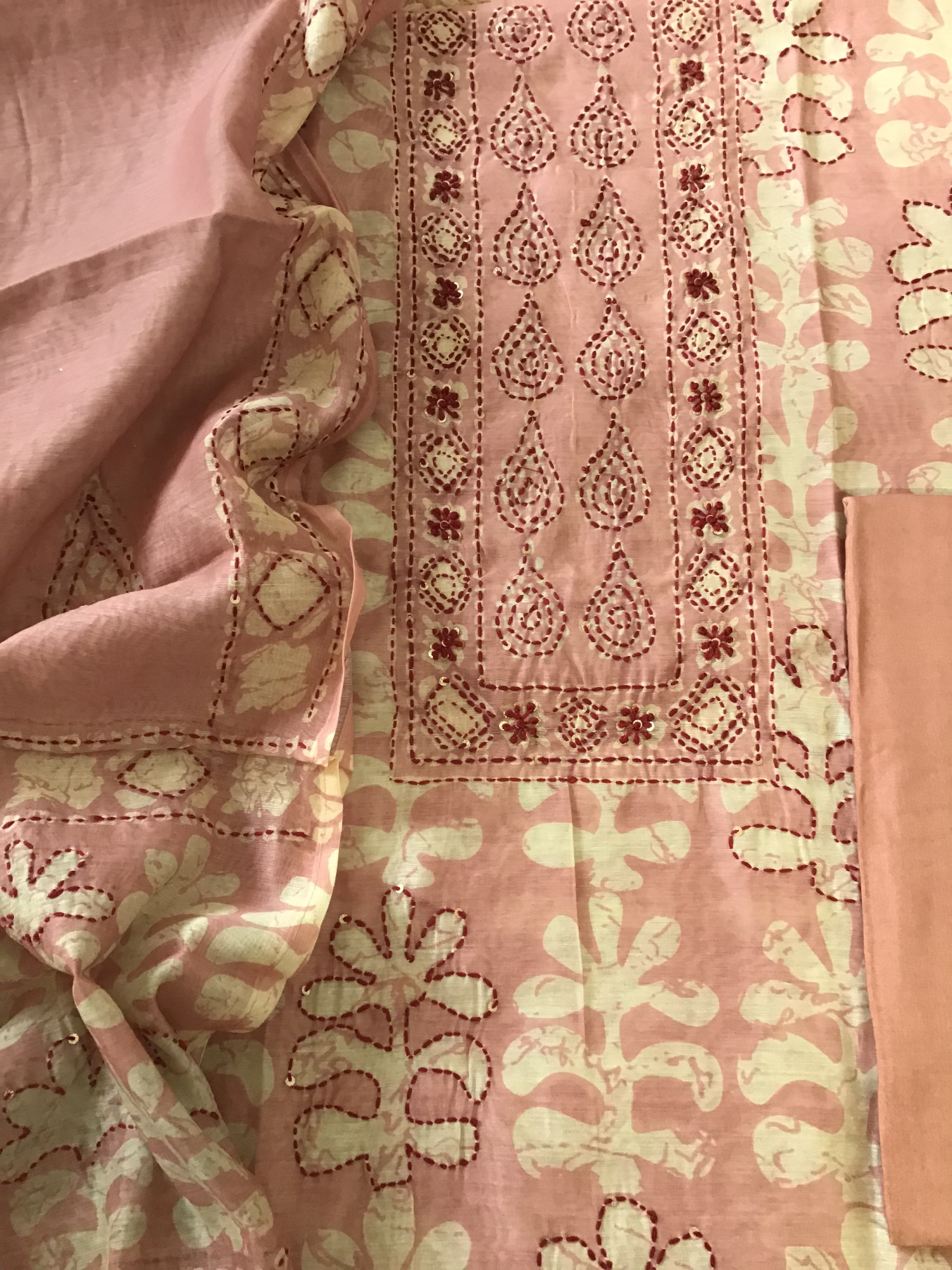 Soft Kora Chanderi Printed Embroidered Suit - Peach