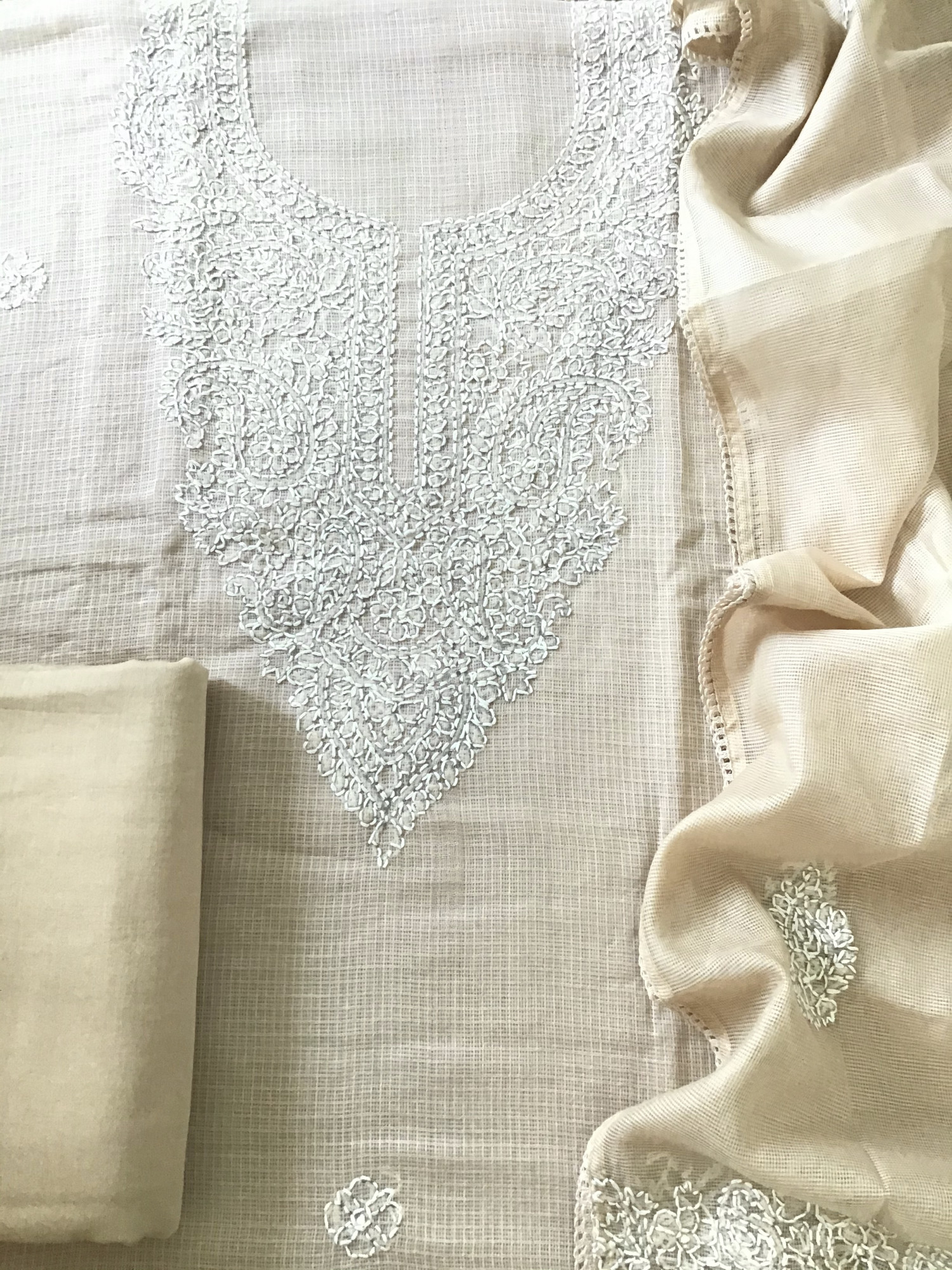 Pure Kota Cotton Embroidered Suit - Beige