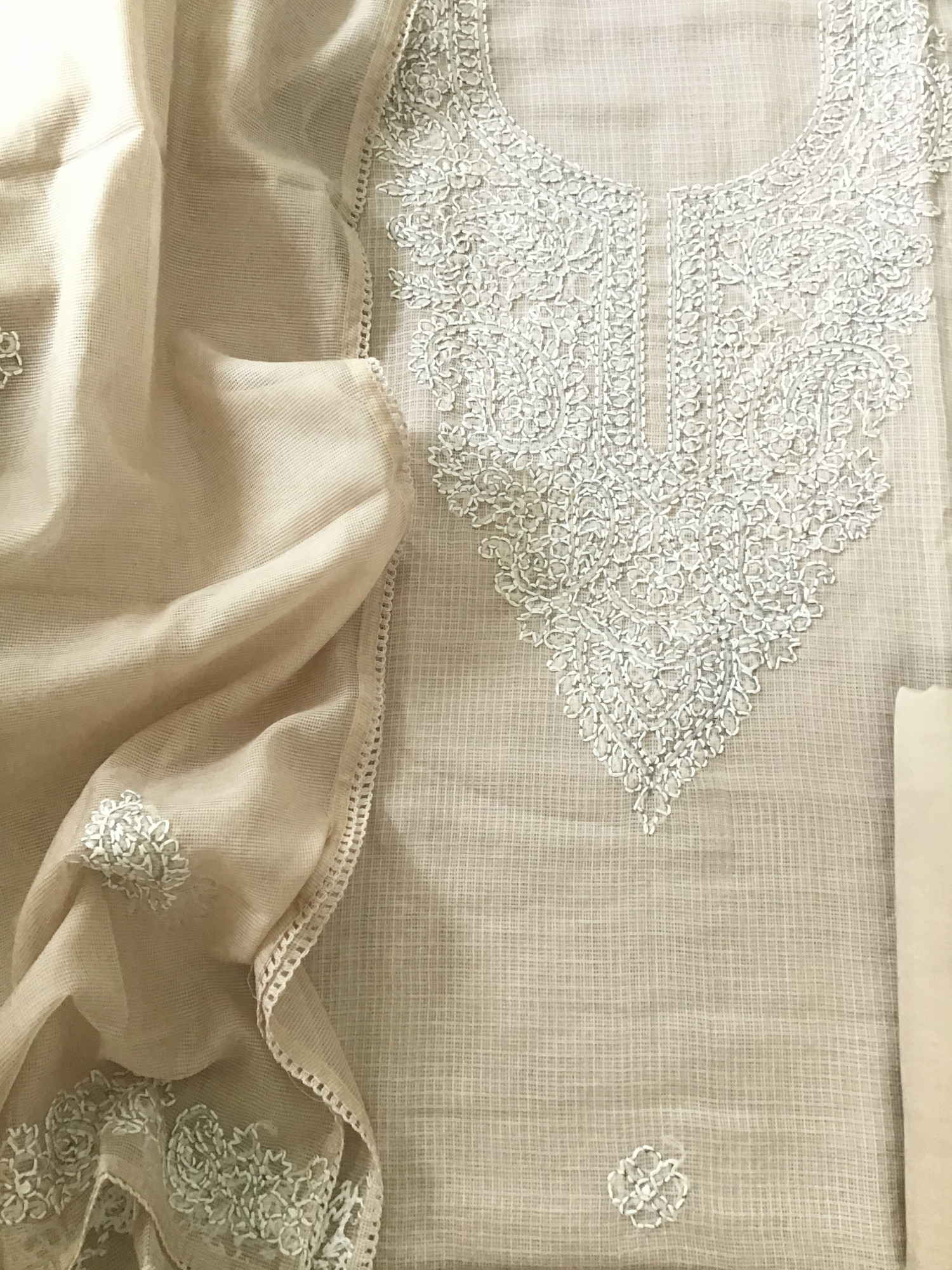 Pure Kota Cotton Embroidered Suit - Beige