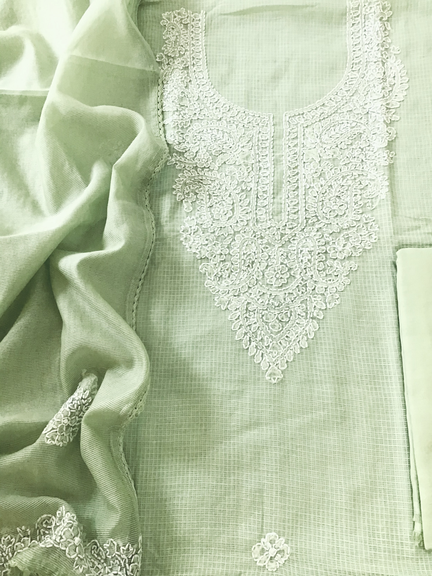 Pure Kota Cotton Embroidered Suit - Green