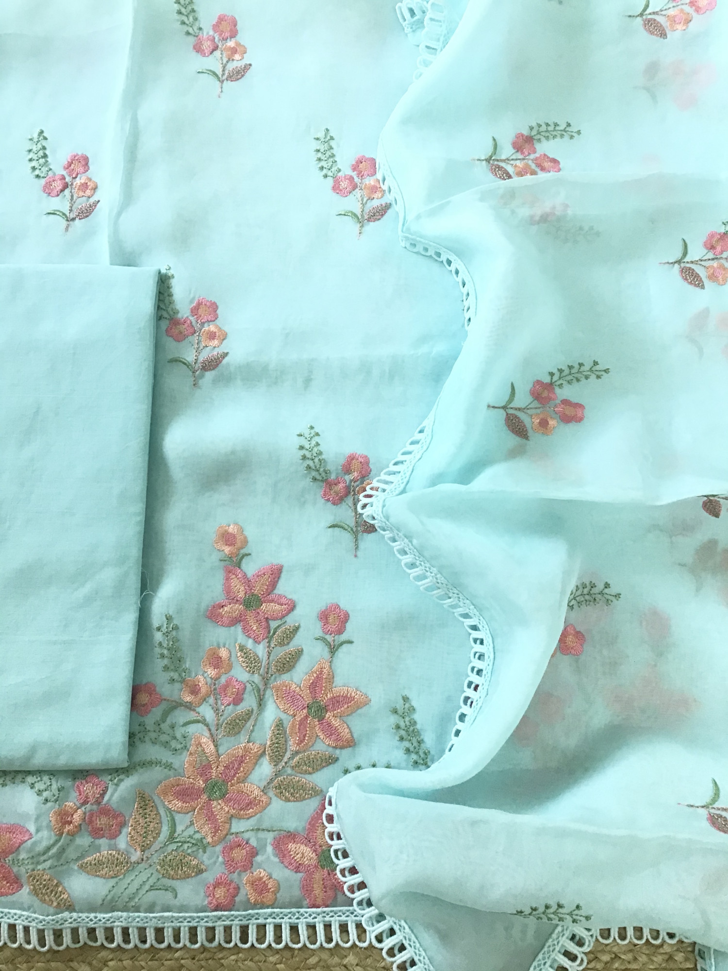 Soft Organza Embroidered Suit - Blue