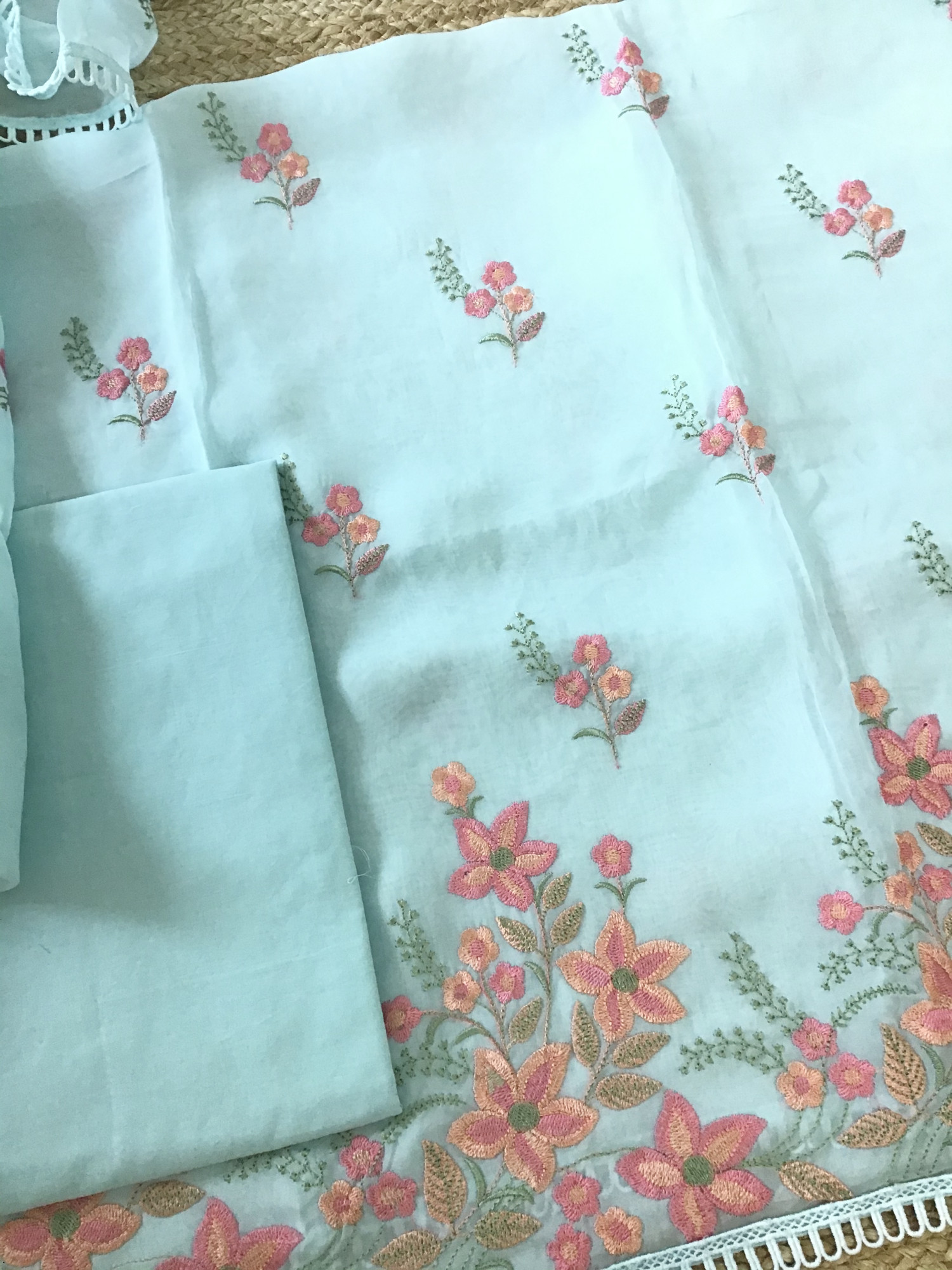 Soft Organza Embroidered Suit - Blue