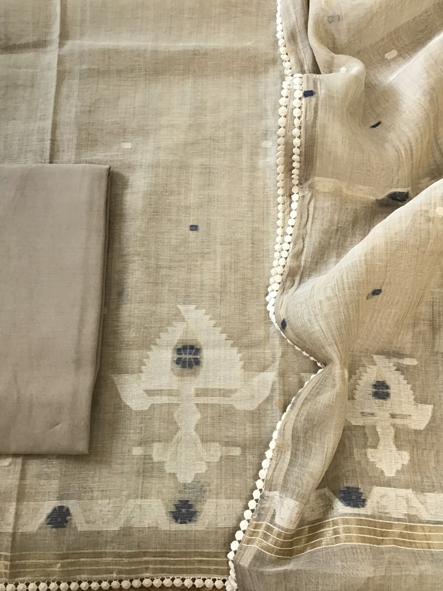 Soft Slub Chanderi Jamdani Weaved Embroidered Suit - BeigeBlue