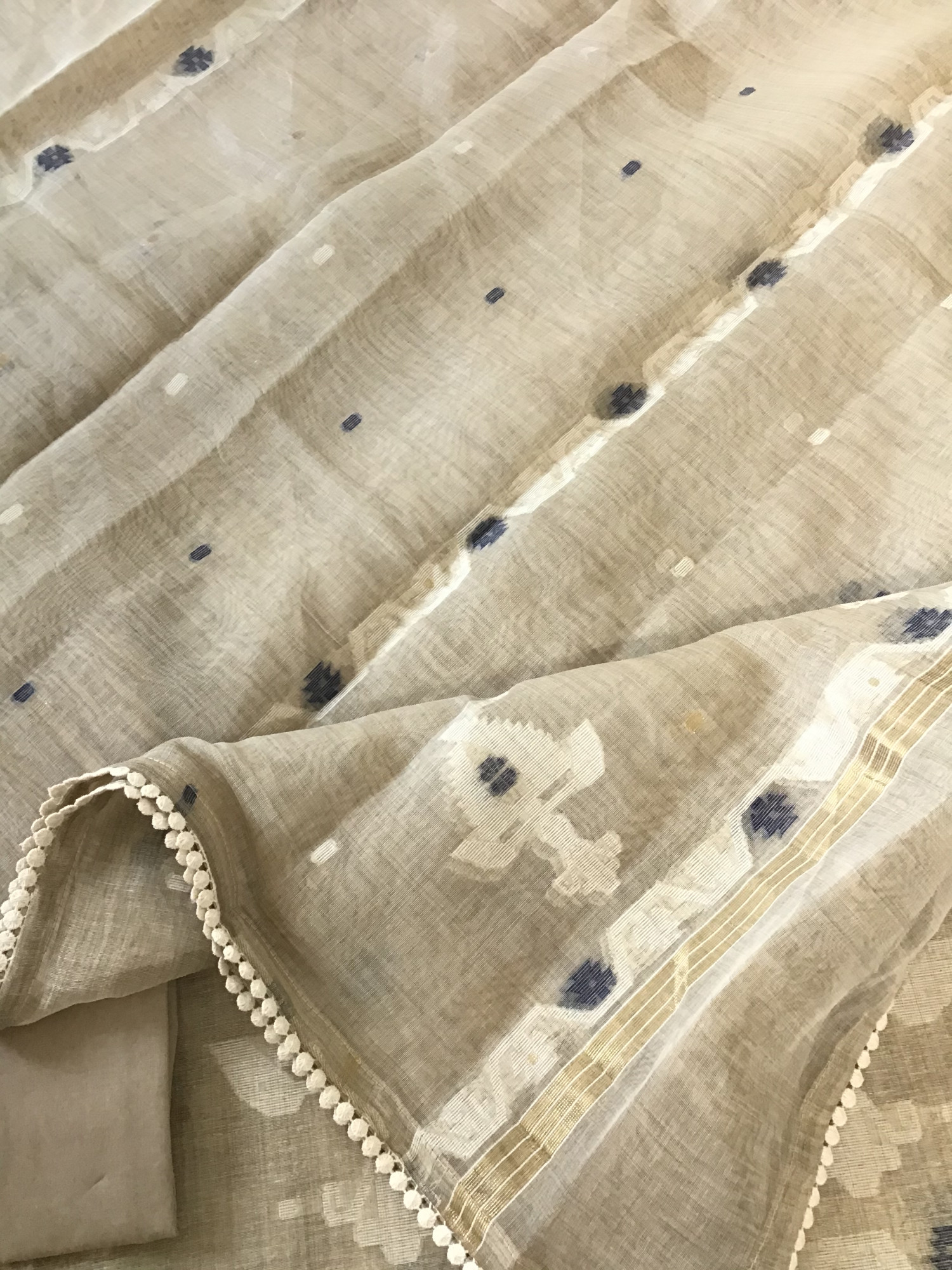 Soft Slub Chanderi Jamdani Weaved Embroidered Suit - BeigeBlue