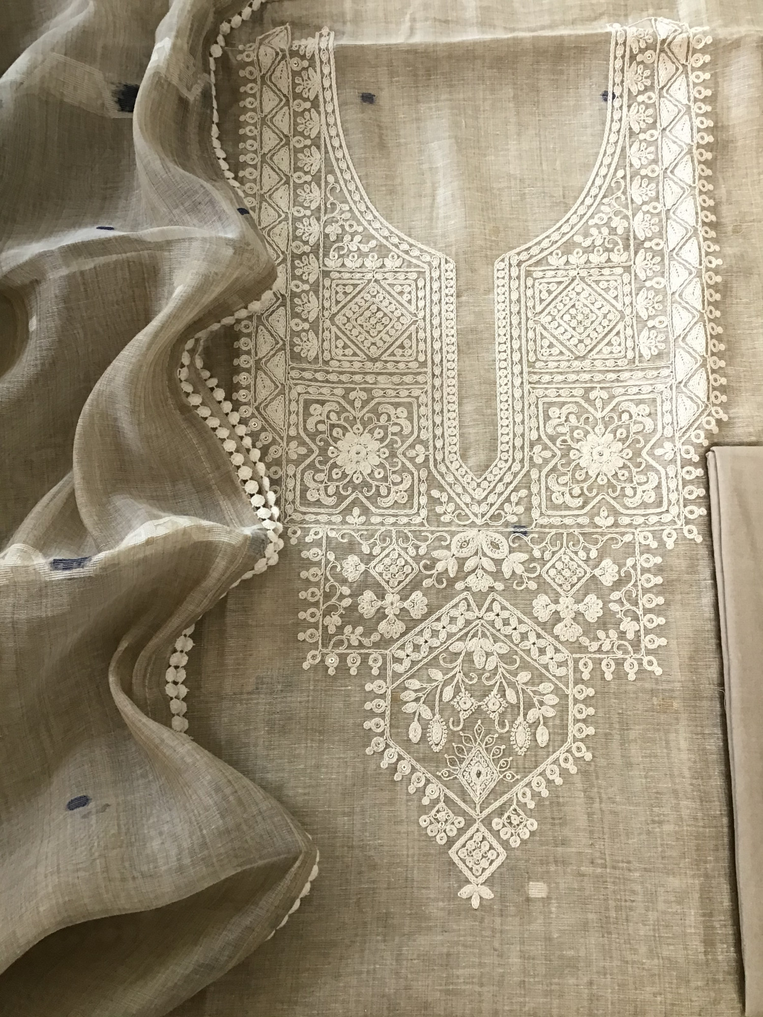 Soft Slub Chanderi Jamdani Weaved Embroidered Suit - BeigeBlue