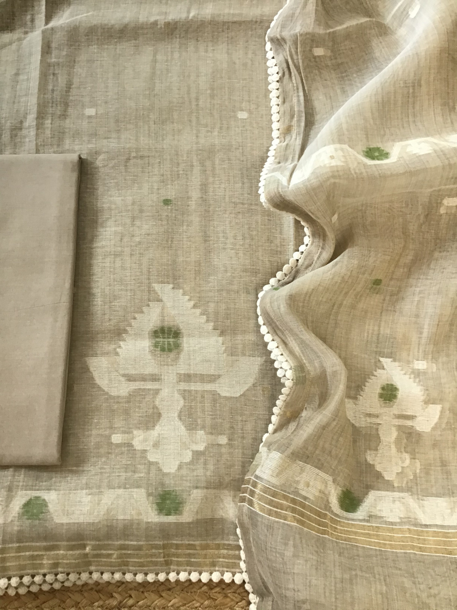 Soft Slub Chanderi Jamdani Weaved Embroidered Suit - BeigeGreen