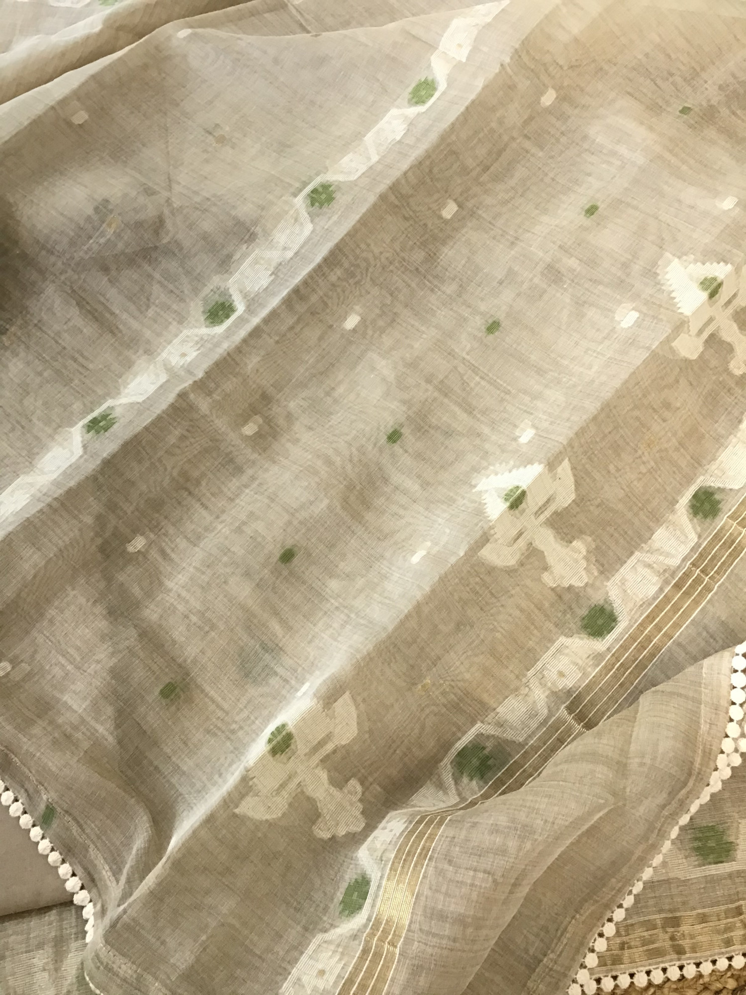 Soft Slub Chanderi Jamdani Weaved Embroidered Suit - BeigeGreen