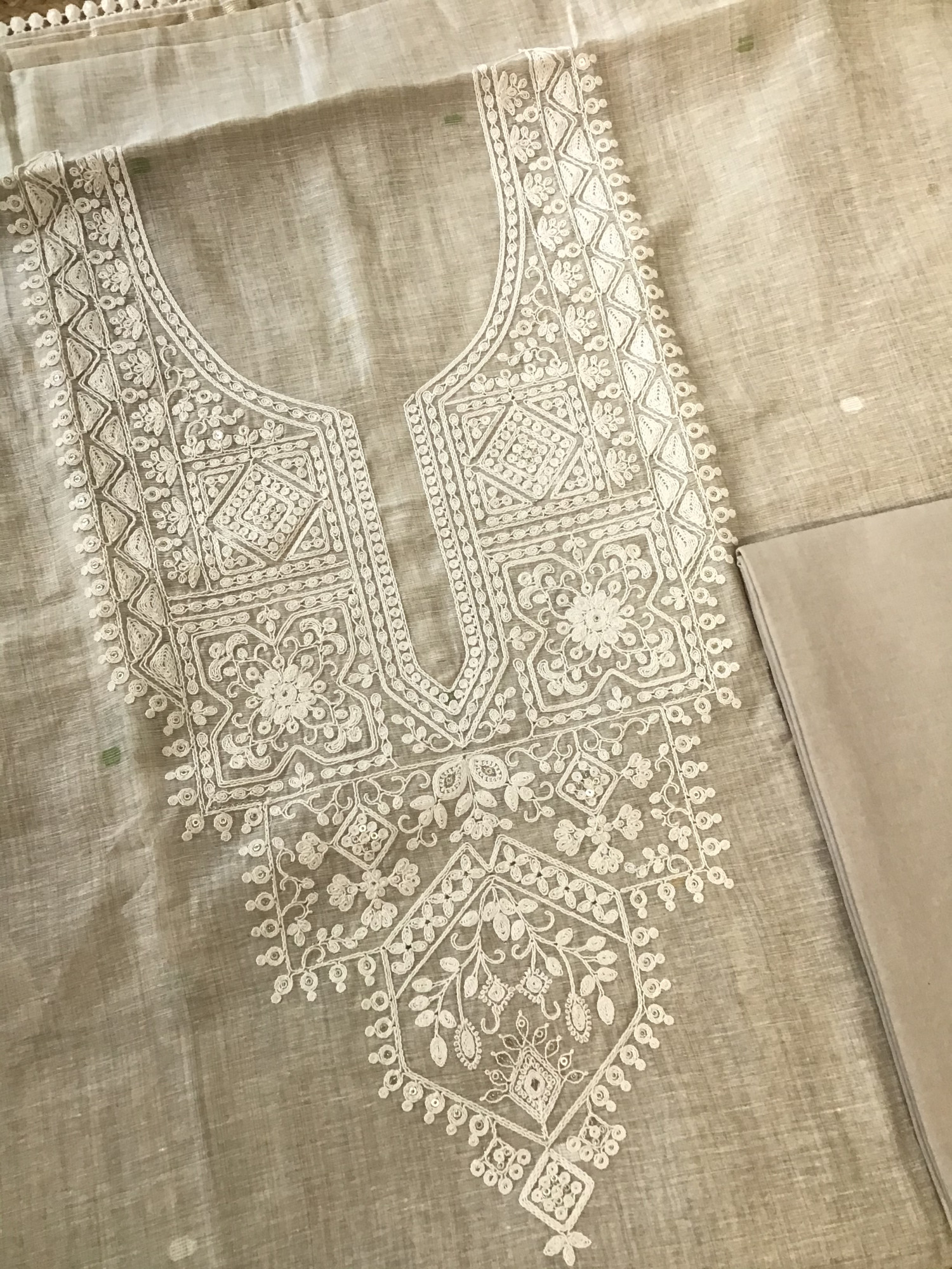 Soft Slub Chanderi Jamdani Weaved Embroidered Suit - BeigeGreen