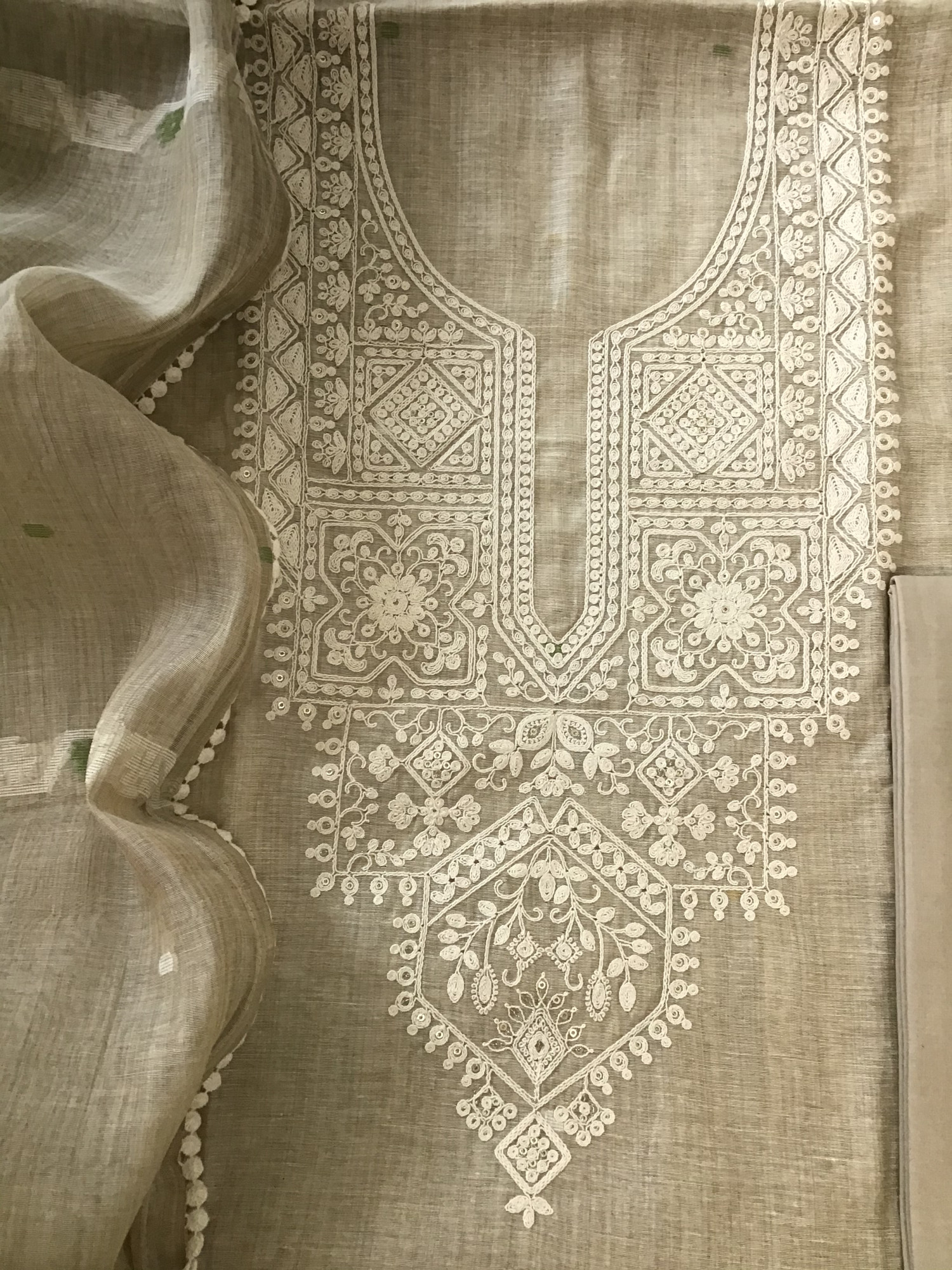 Soft Slub Chanderi Jamdani Weaved Embroidered Suit - BeigeGreen