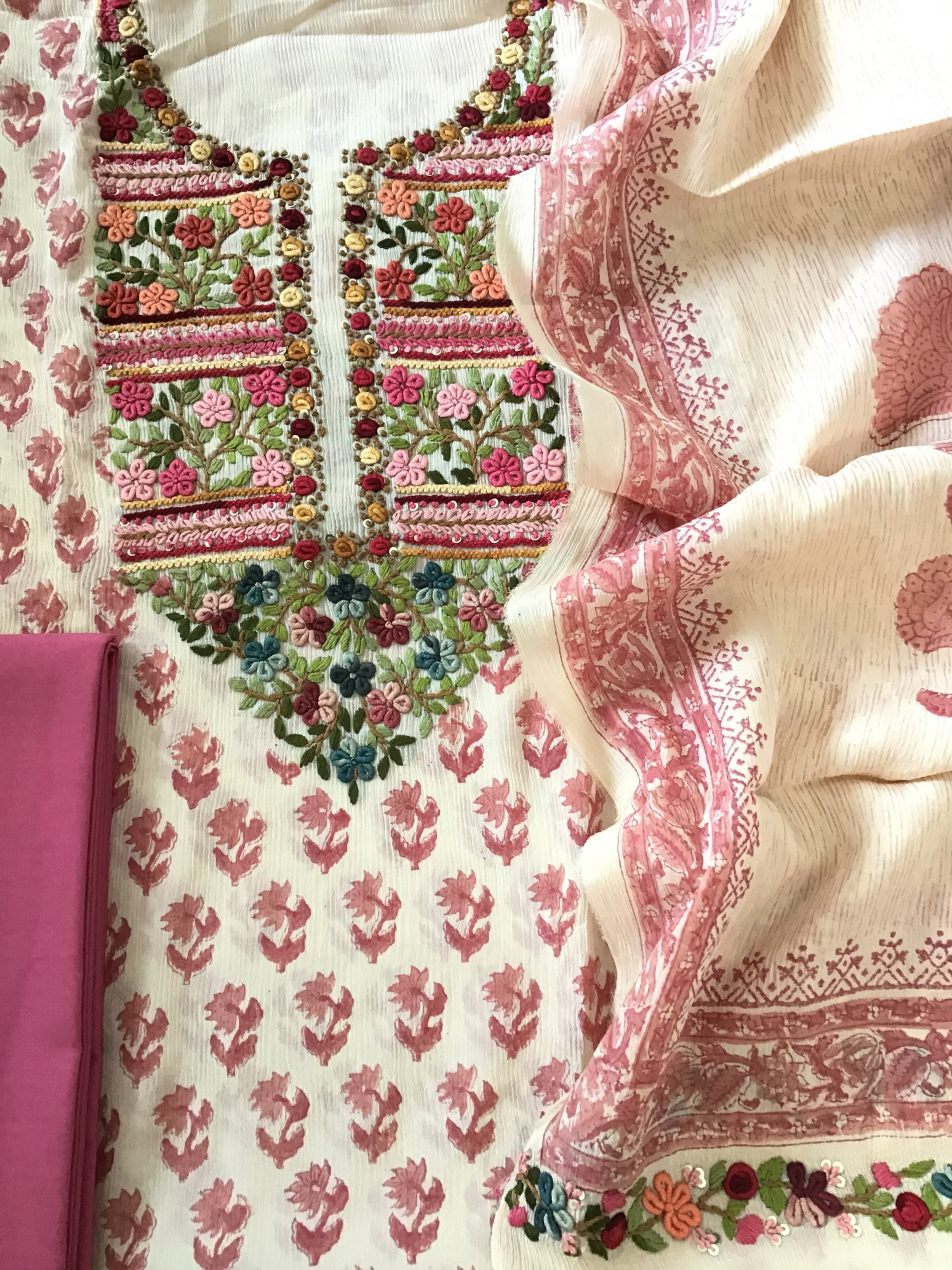 Pure Chinnon Silk Block Printed Embroidered Suit - BeigePink