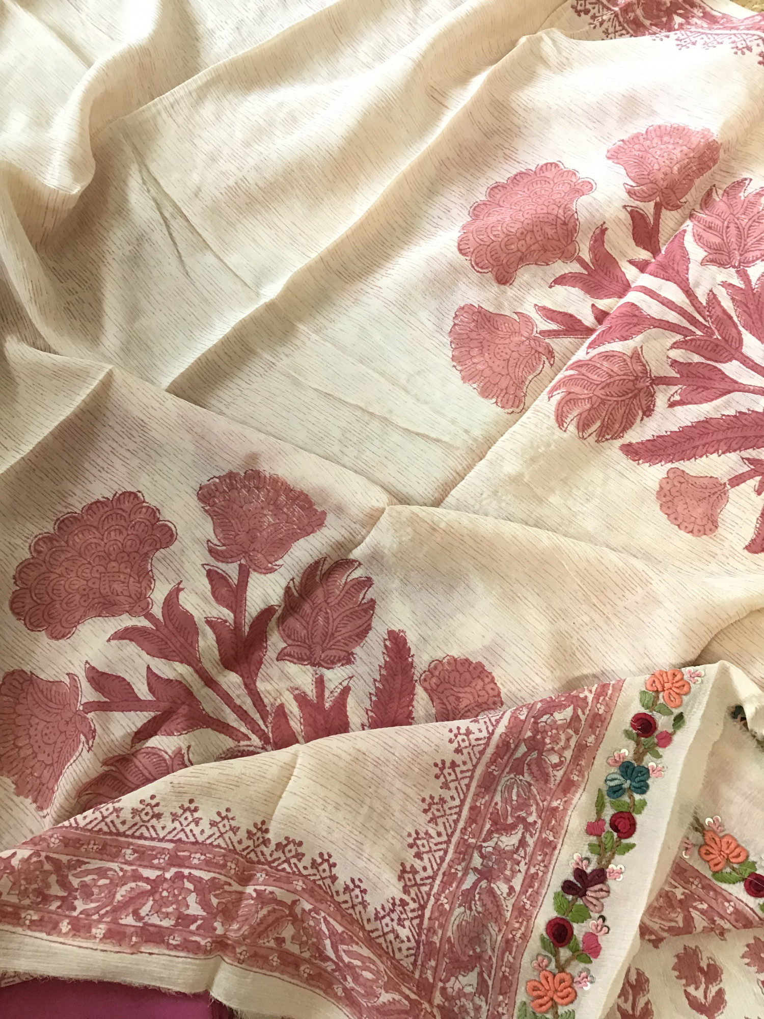 Pure Chinnon Silk Block Printed Embroidered Suit - BeigePink